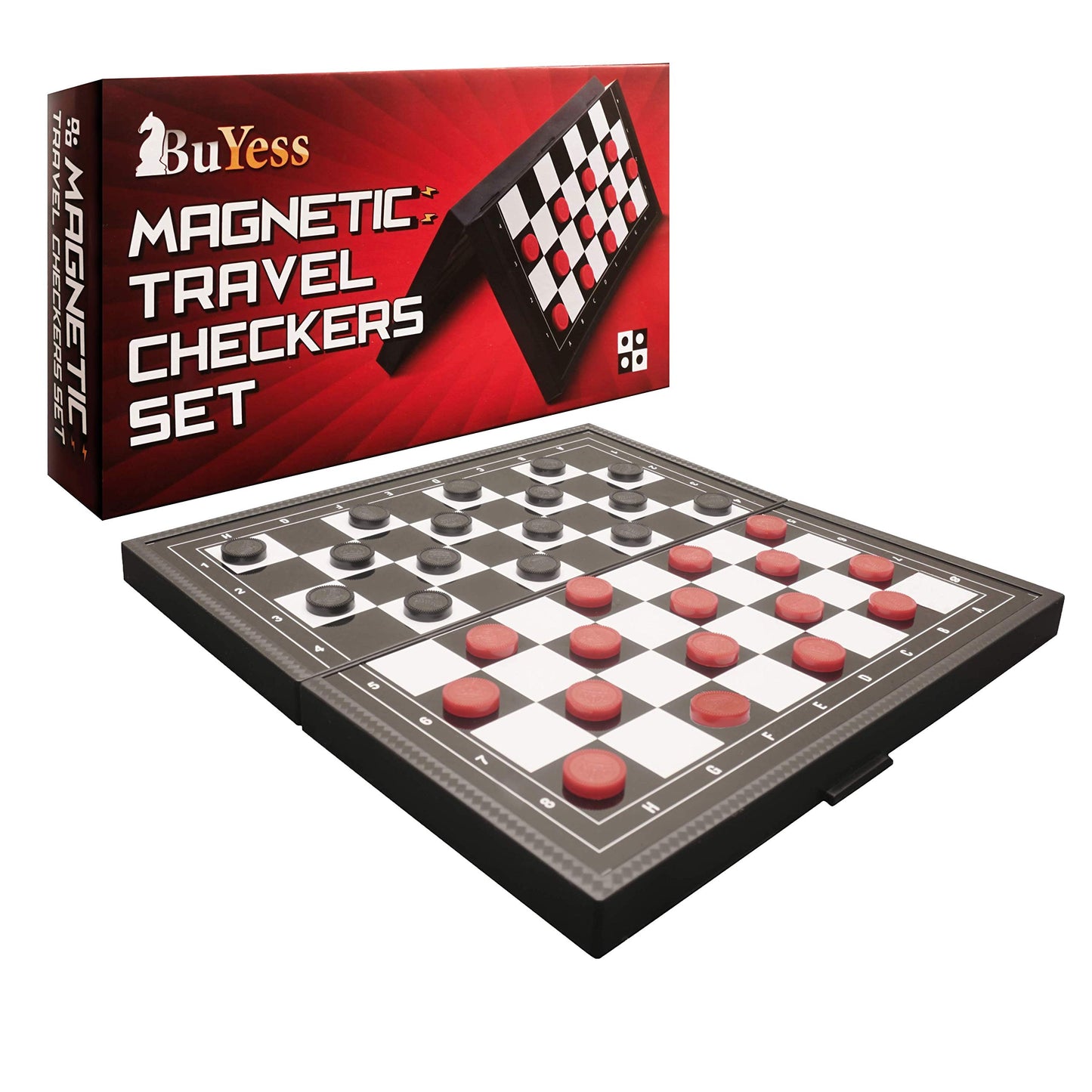 BUYESS Magnetic Checkers Board Game - Portable Mini Set, 9.8x9.8 inches, Black, Model BY-244, Includes Magnetic Checker Pieces