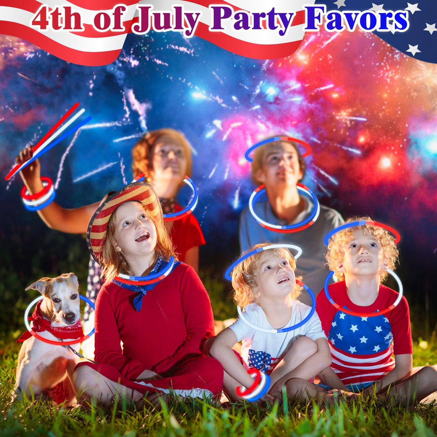 120 PCS 4th of July Accessories for Kids, Patriotic Red White Blue Glow Sticks Party Favors Supplies Bulk,Light up Necklaces Bra