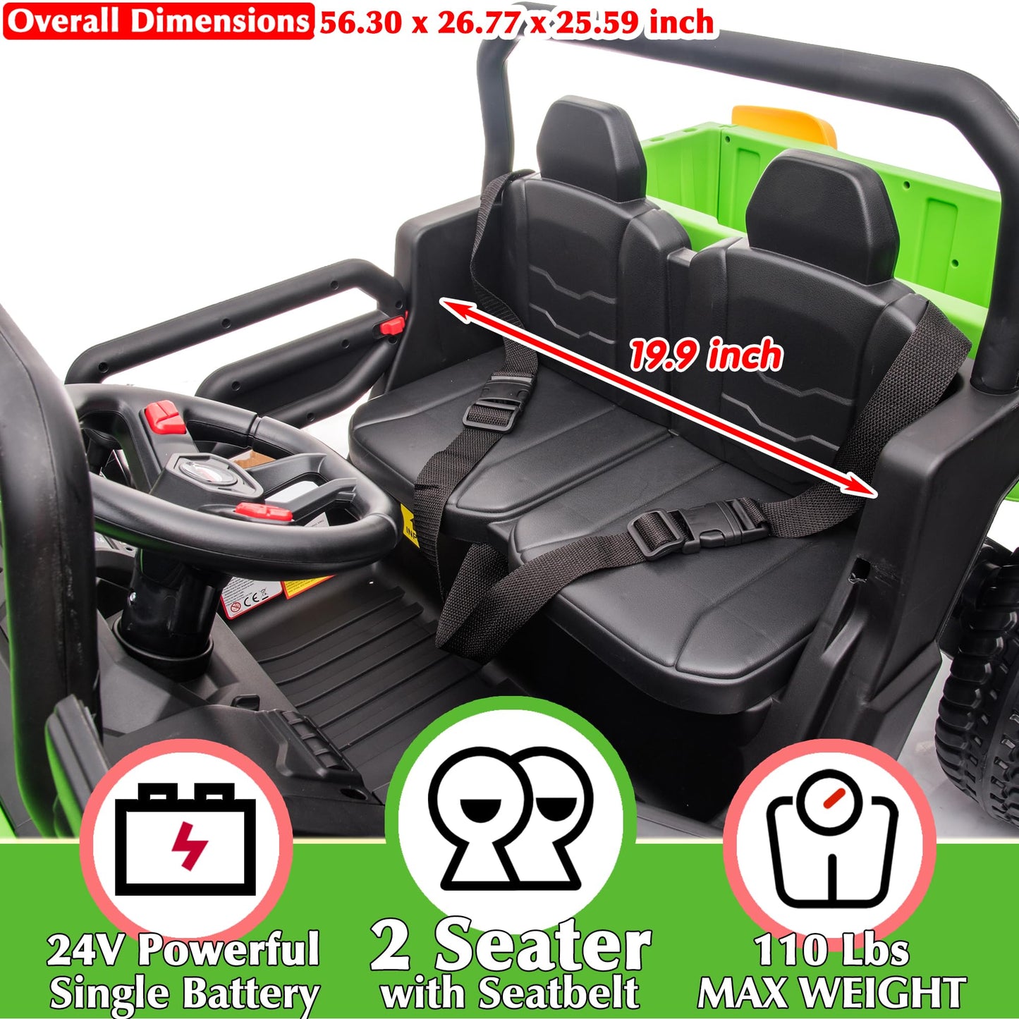 Sopbost 2 Seater 24V Kids Ride On Truck With Electric Dump Bed, Extra Shovel, 4Wd Battery Powered Ride On Toy Car With Remote Control, Music Play, Eva Tires Wheels, Green