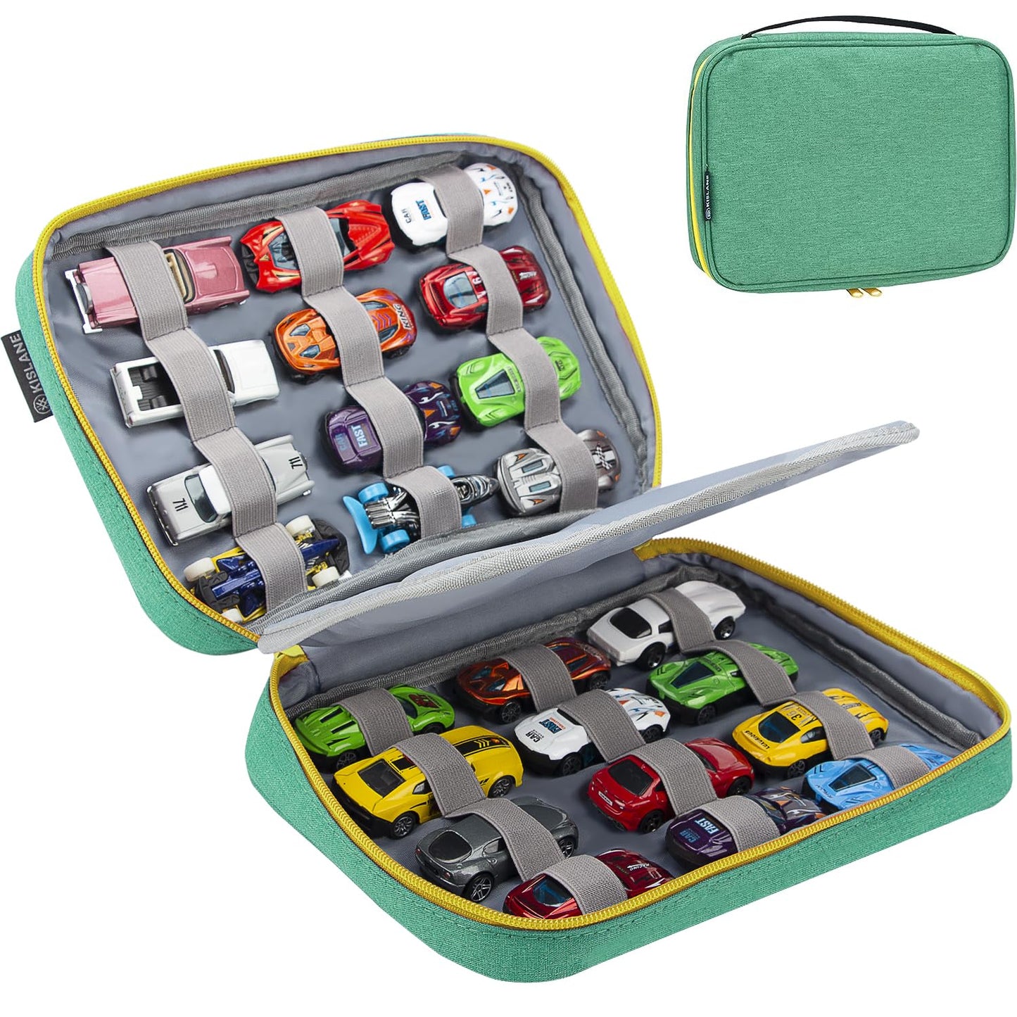 KISLANE Toy Cars Storage Case for 24 Cars, Green Polyester Bag, Compatible with Matchbox and Mini Toys