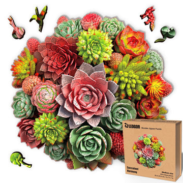 Leogor Wood Puzzles Adult Jigsaw - Exquisite Wooden Succulent Plant Puzzle, Unique Animal-Shaped And Flowers-Inspired Creative Colorful Spectrum Mosaic, 200 Pieces, Medium 12'' X 11.7''