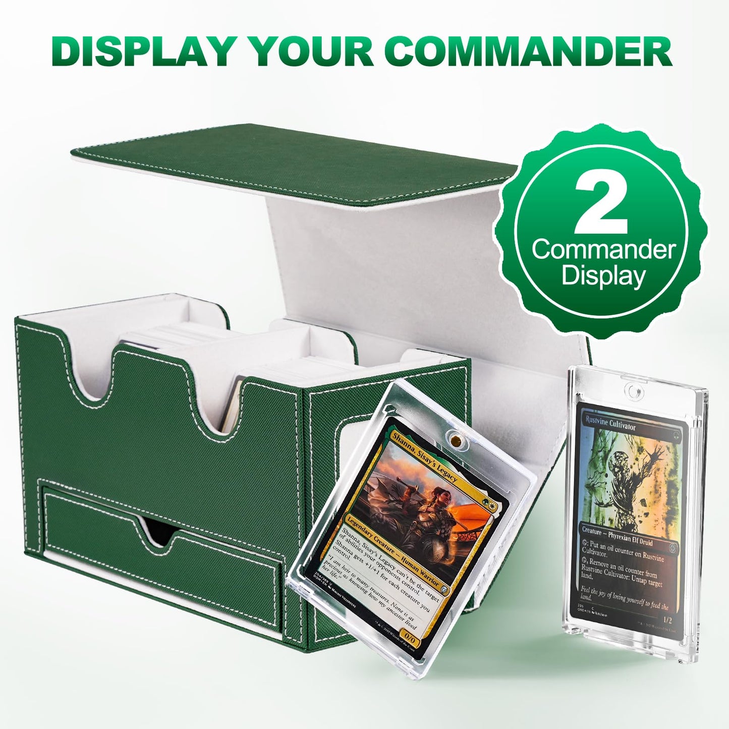 UAONO Card Deck Box for MTG, Double Card Storage Box with 2 Commander Display & 1 Dice Tray, Fits 200+ Double Sleeved Cards, Org