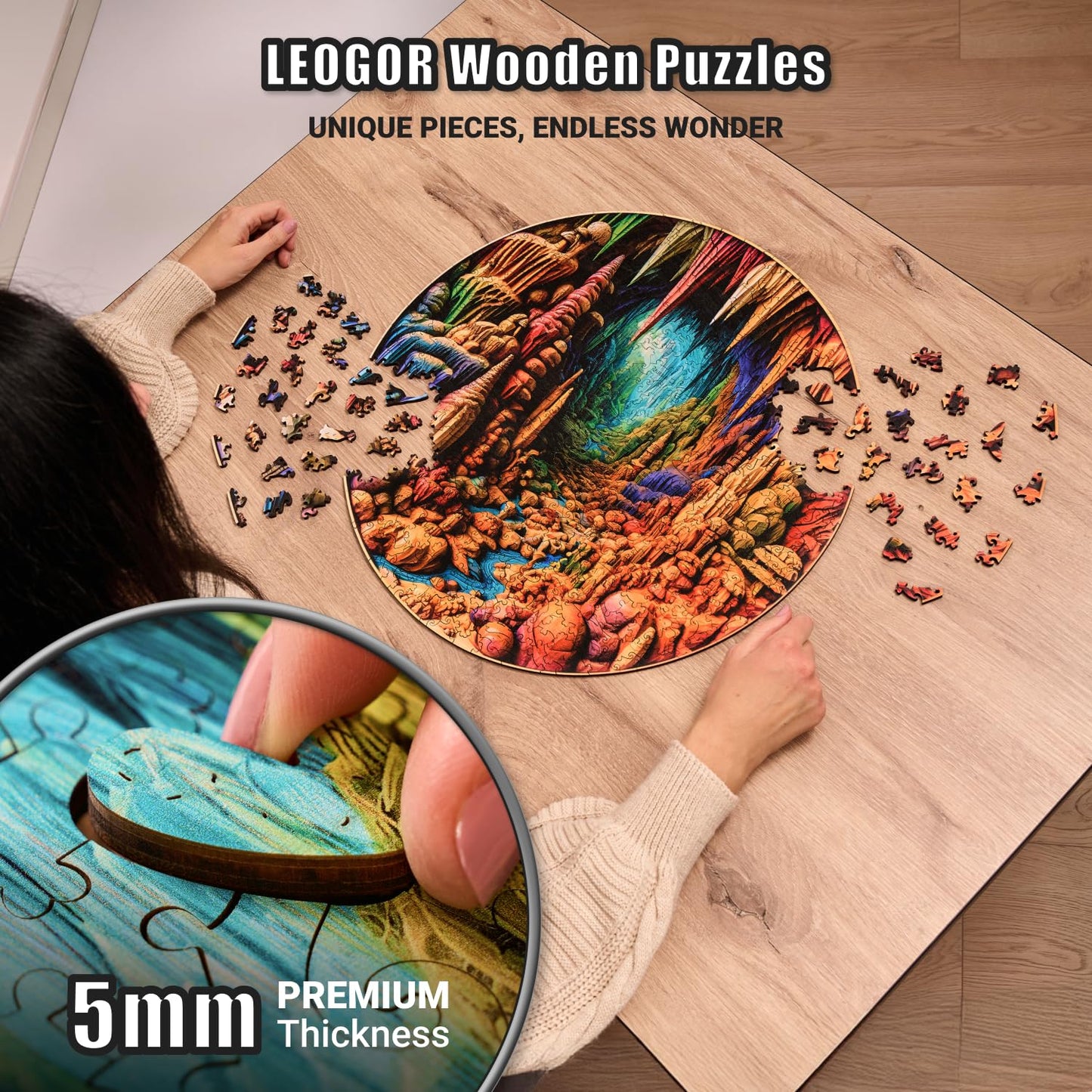 Cavernous Spectrum - 500 Piece Wooden Puzzles for mature-themeds - 18 x 17.9 in - Extra-Thick 5 mm Wood Puzzle  Hand-Shaped Pieces  Round XL Mosaic Design - enhanced Gift for Puzzle Lovers by LEOGOR