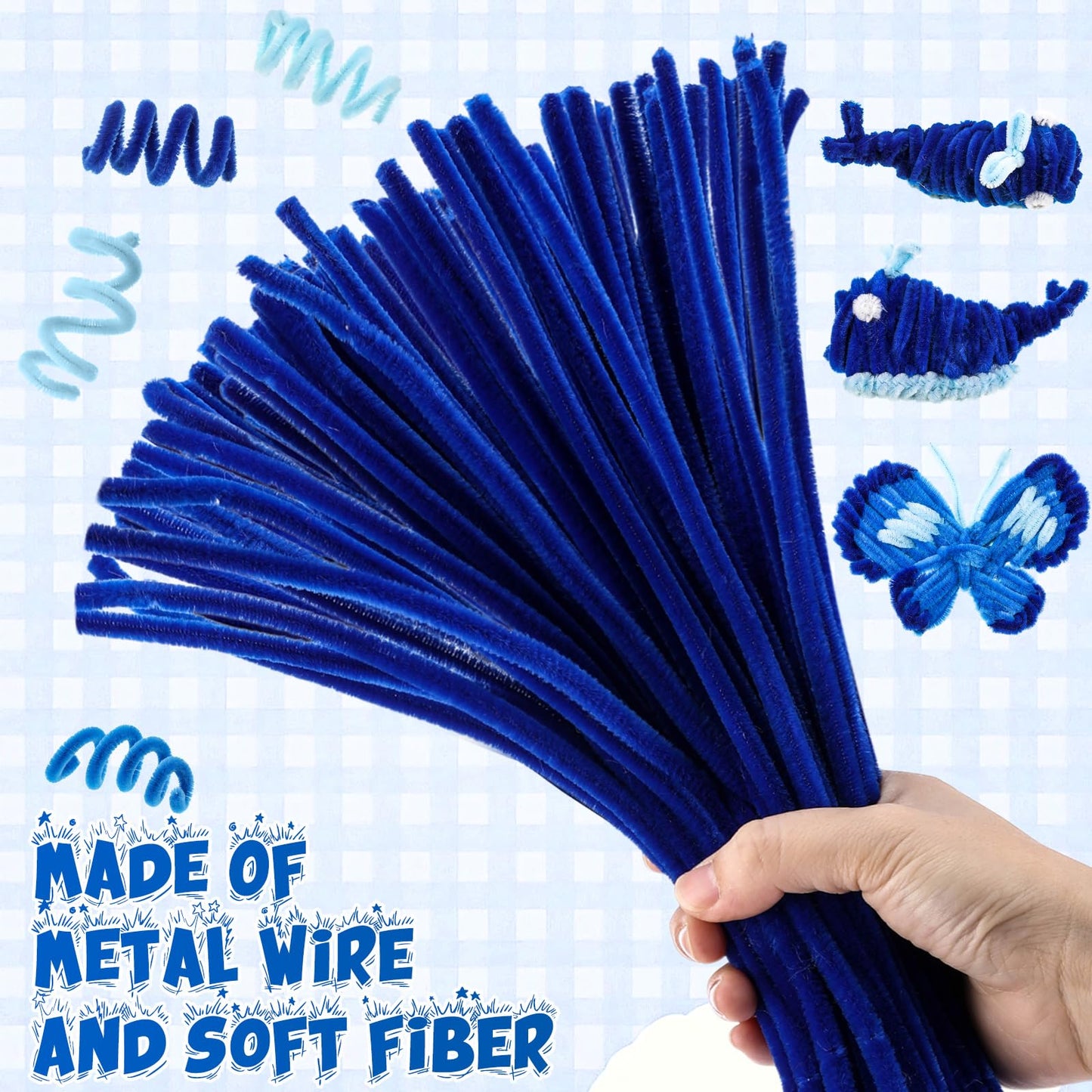 RoundFunny 400 Pcs 24 Inch Extra Long Blue Pipe Cleaners Chenille Stem Thick Fluffy Pipe Cleaners Craft Supplies for Halloween A