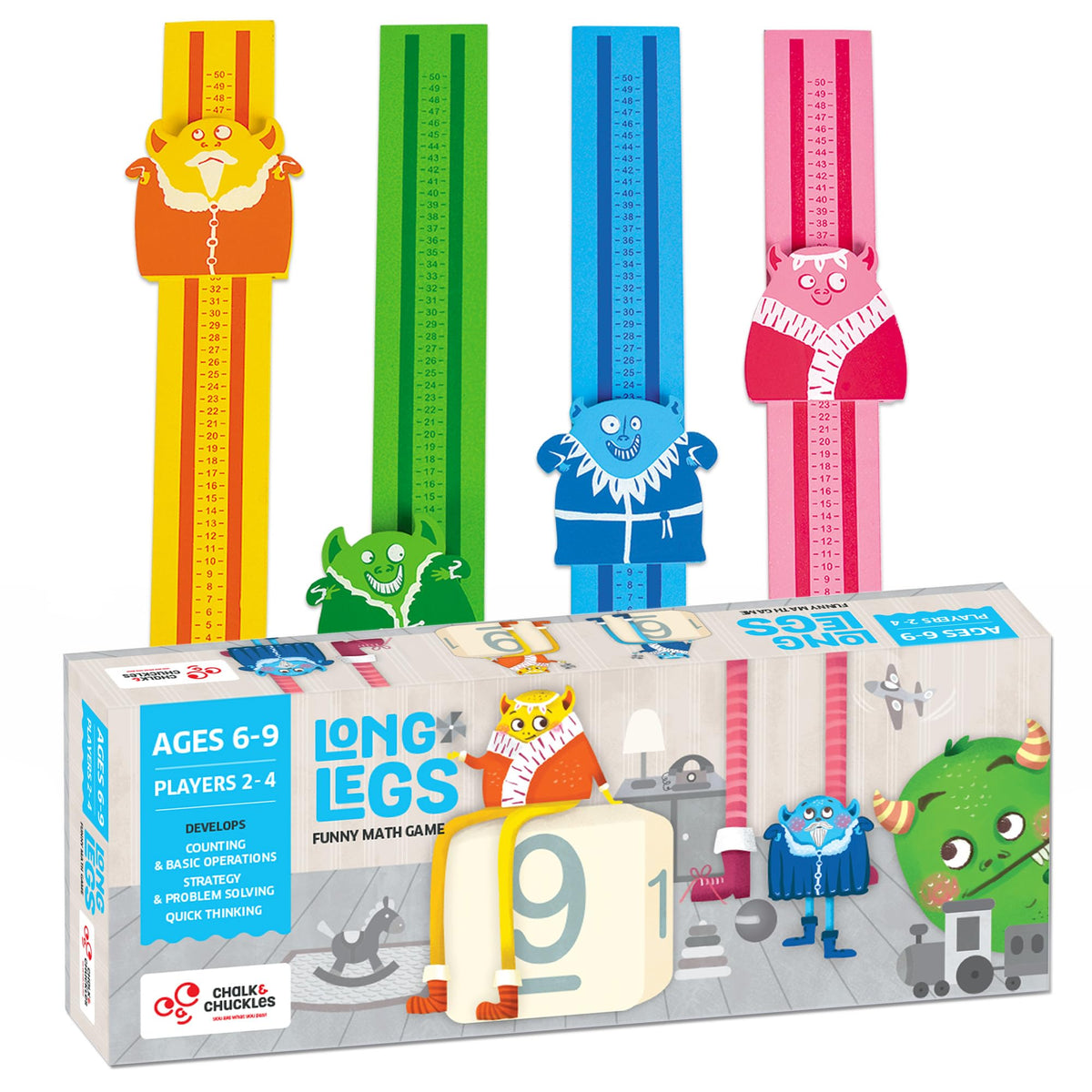 Chalk an Chuckles Long LegsFast & Fun Maths Game for Kids Ages 69, Addition & Subtraction Challenges with Cards, Wooden Rulers