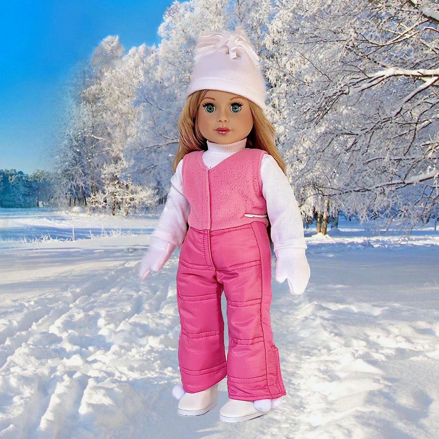 Dreamworld Collections Let It Snow - 7 Piece 18 Inch Doll Outfit - Complete Snowsuit - Pink Snow Pants, Jacket, White Turtleneck, Hat, Scarf, Mittens And Boots - (Doll Not Included)