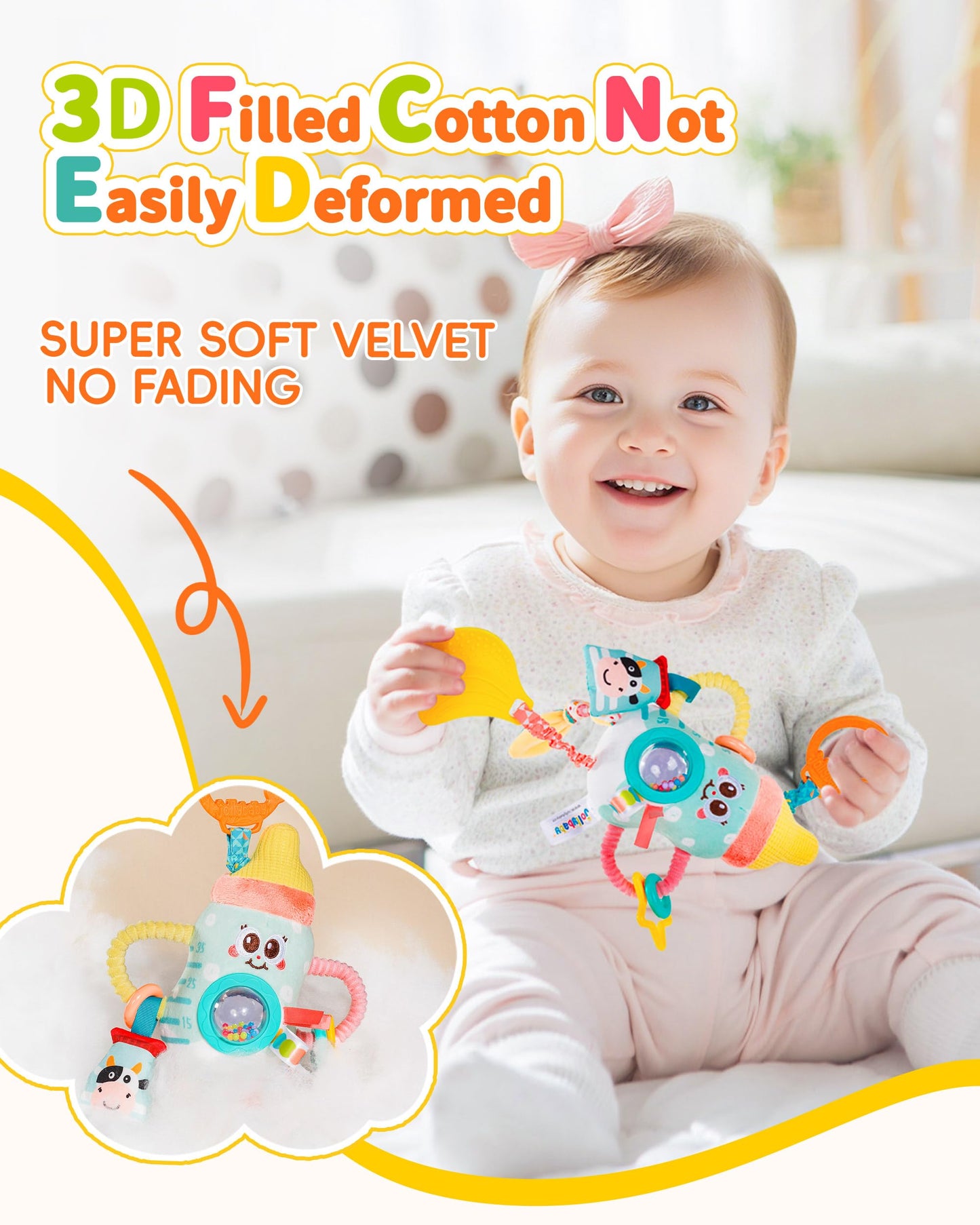 Jollybaby Baby Pull Vibration Toy - Tummy Time Sensory Hanging Toys for Car Seat  Stroller  Crib & Play Gym  with Babier Teether  Air Travel Toys for Toddlers Gift - Baby Bottle