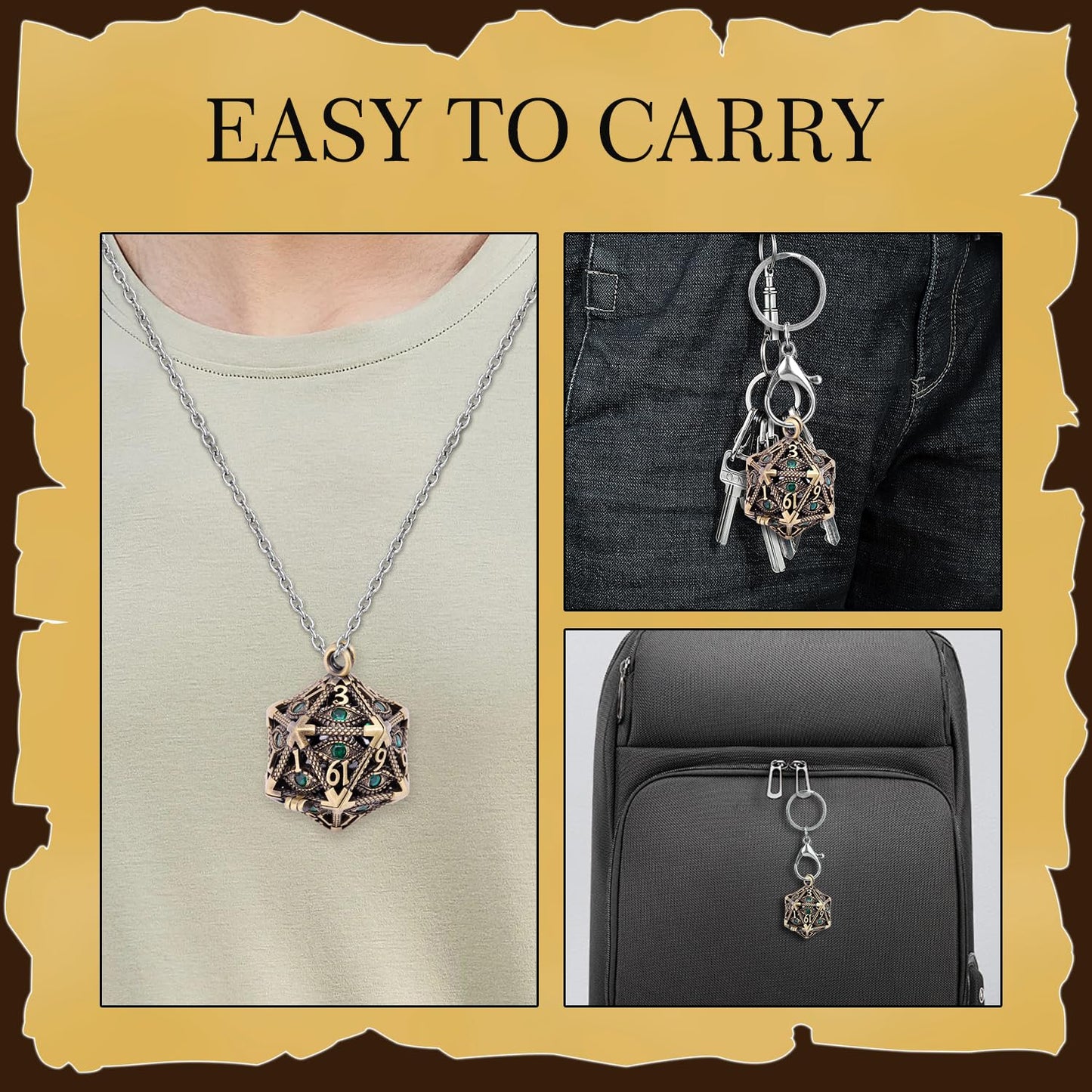 ManChDa Mini Metal DND Dice Set Hollow D20 Necklace Dice DND Case Metal Dice Set DND Keychain 7PCS Dice Set Bronze Green