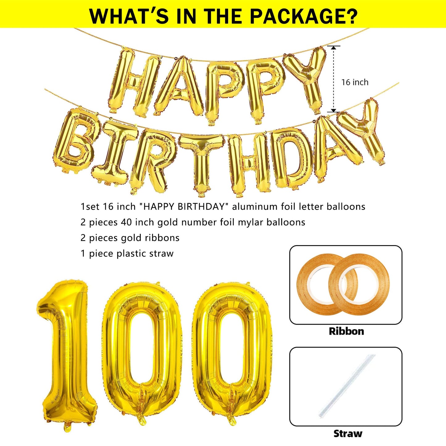 SHUNTAI 100th Birthday Decorations - Gold Jumbo 100 Foil Mylar Balloons & Happy Birthday Banner for 100 Years Old Theme Party Supplies