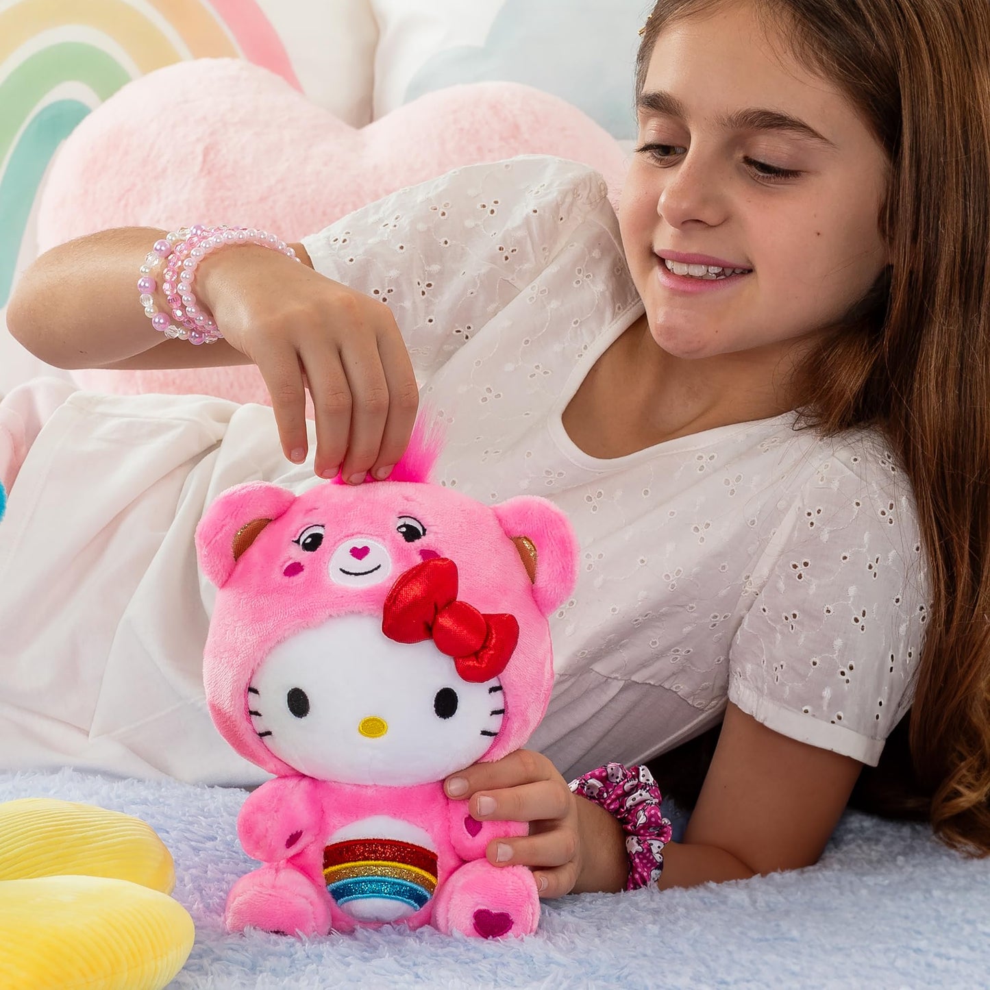 Care Bears Plush - Hello Kitty Dressed as Cheer Bear, 8" Soft Polyester Toy for Kids, Ages 4+, Model 22701