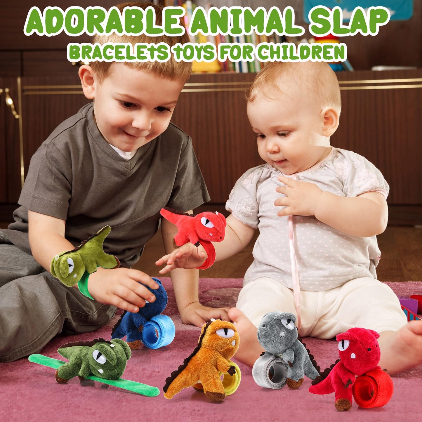 Lenwen 8 Pcs Dinosaur Stuffed Animals Slap Bracelets for Kids Plush Animal Cute Wrist Slap Bands for Birthday Party Favors Boys