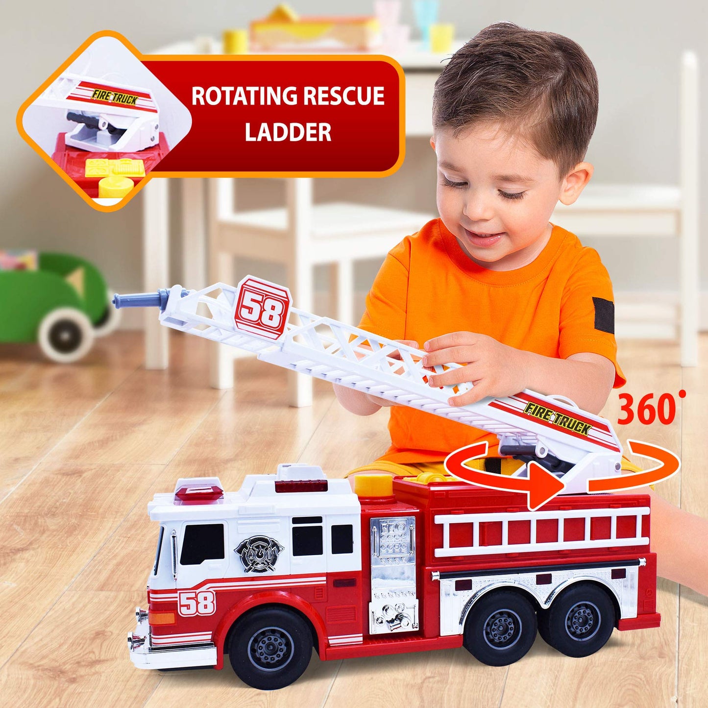 VEBO Motorized Fire Truck with Lights & Siren, 15" Rescue Ladder, Multicolor, Fun for Kids 3+ Years Old