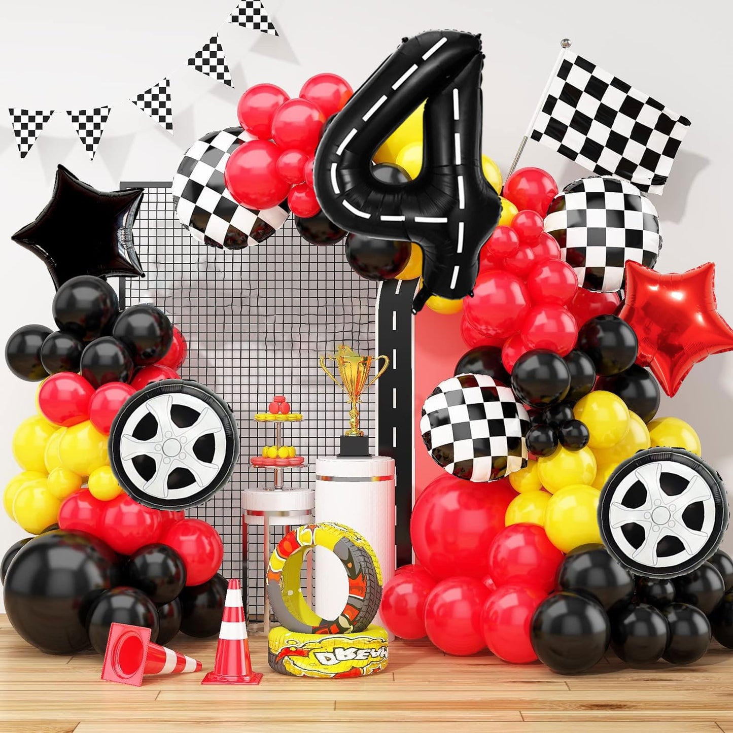 Race Car Birthday Balloons Decorations, 40 Inch Racetrack Black Number 4 Balloons, Large Mylar Black 4 Balloon For 4St Birthday
