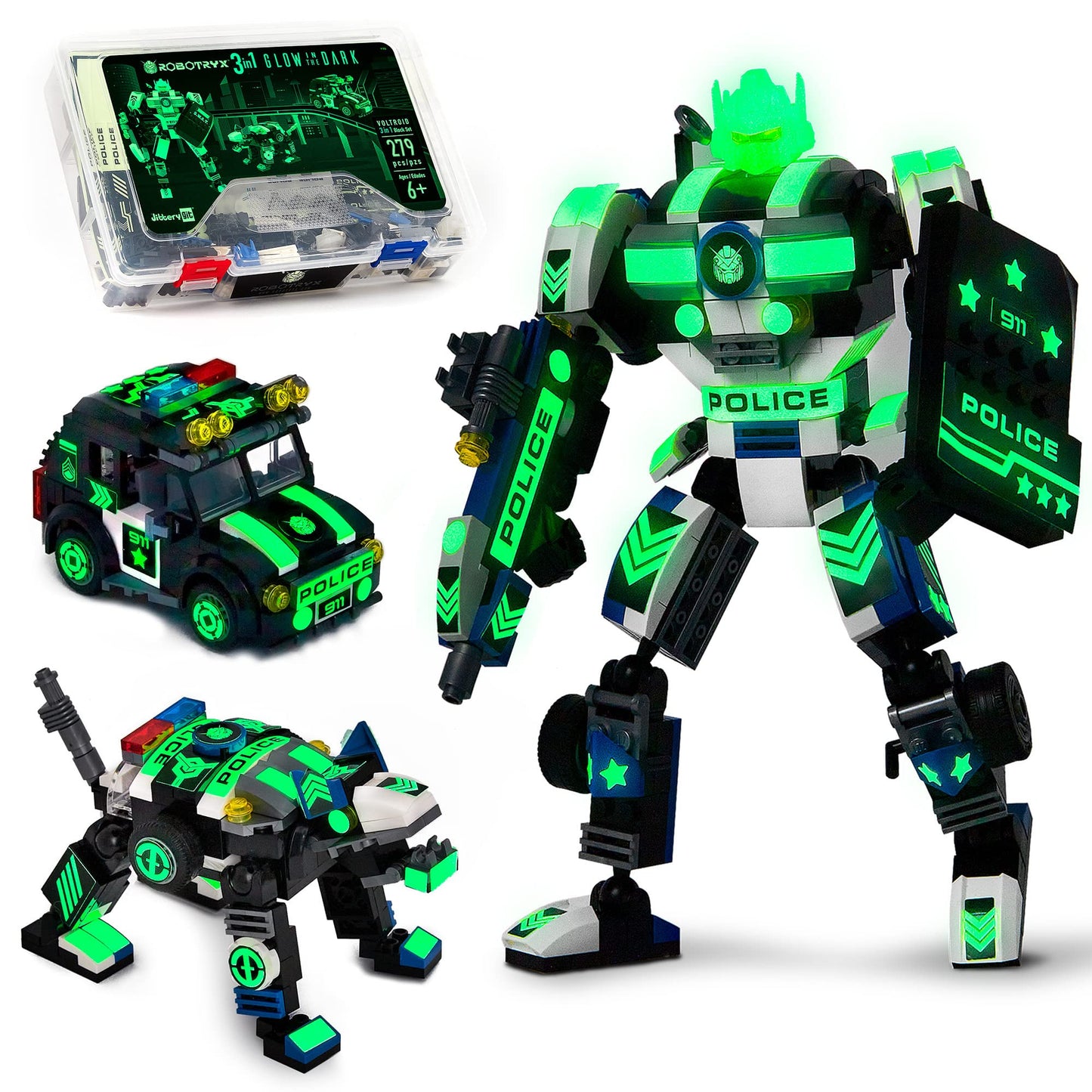 Jitterygit Robot Police Mech Glow In The Dark Toy Cop Gift, Swat Action Figure Buildable Stem Building Superheroes Soldier - Cool Present For Boys, Girls, Kids, Children Ages 6 7 8 9 10 Year Olds