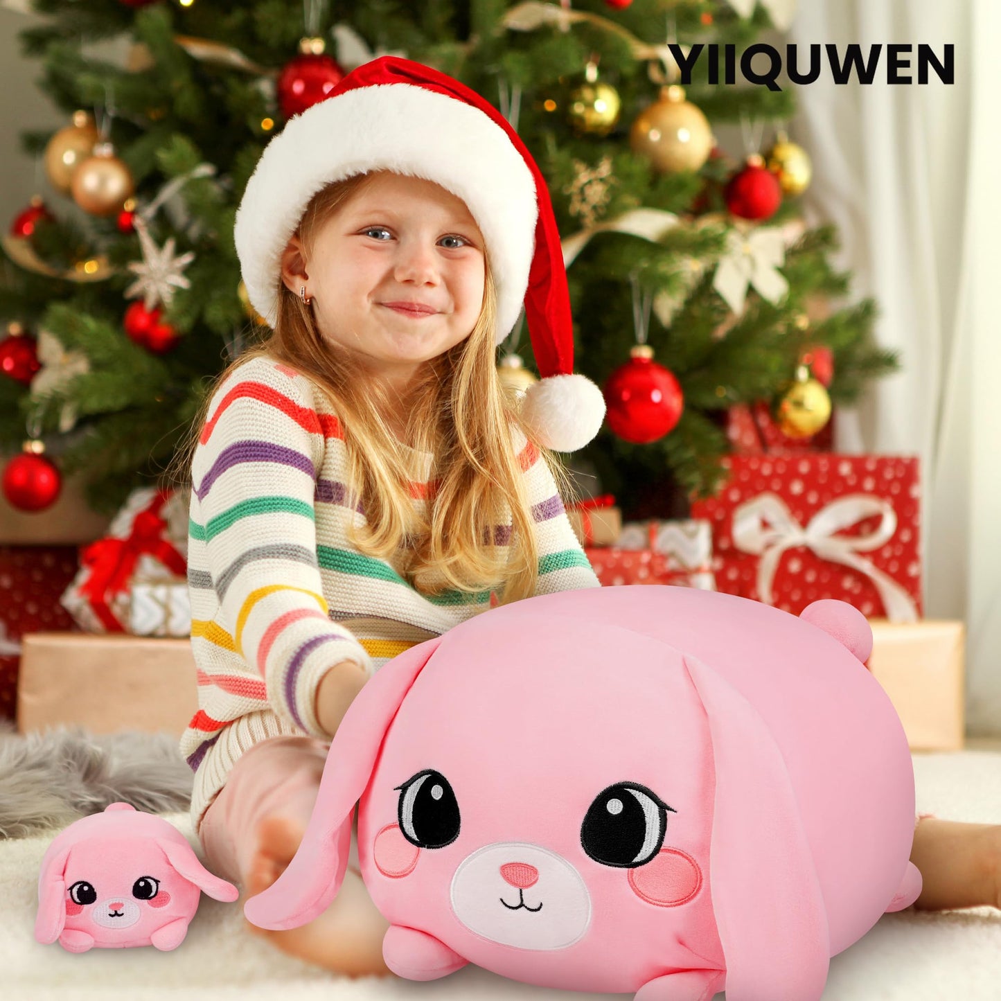 YIIQUWEN Pink Bunny Plush, Rabbit Mommy Stuffed Animal Set with 4 Baby Bunnies, Soft Stuffed Toy Pillow, Cute Birthday for Kids