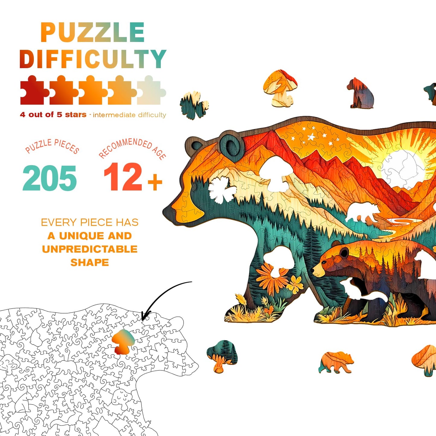 Wooden Puzzles for mature-themeds - Forest Bears Wooden Jigsaw Puzzle - Unique Animal Shaped Wood Puzzles mature-themed - Christmas Birthday Gifts for mature-themeds/Friends/Family - 205pcs 15.4 * 8.2in