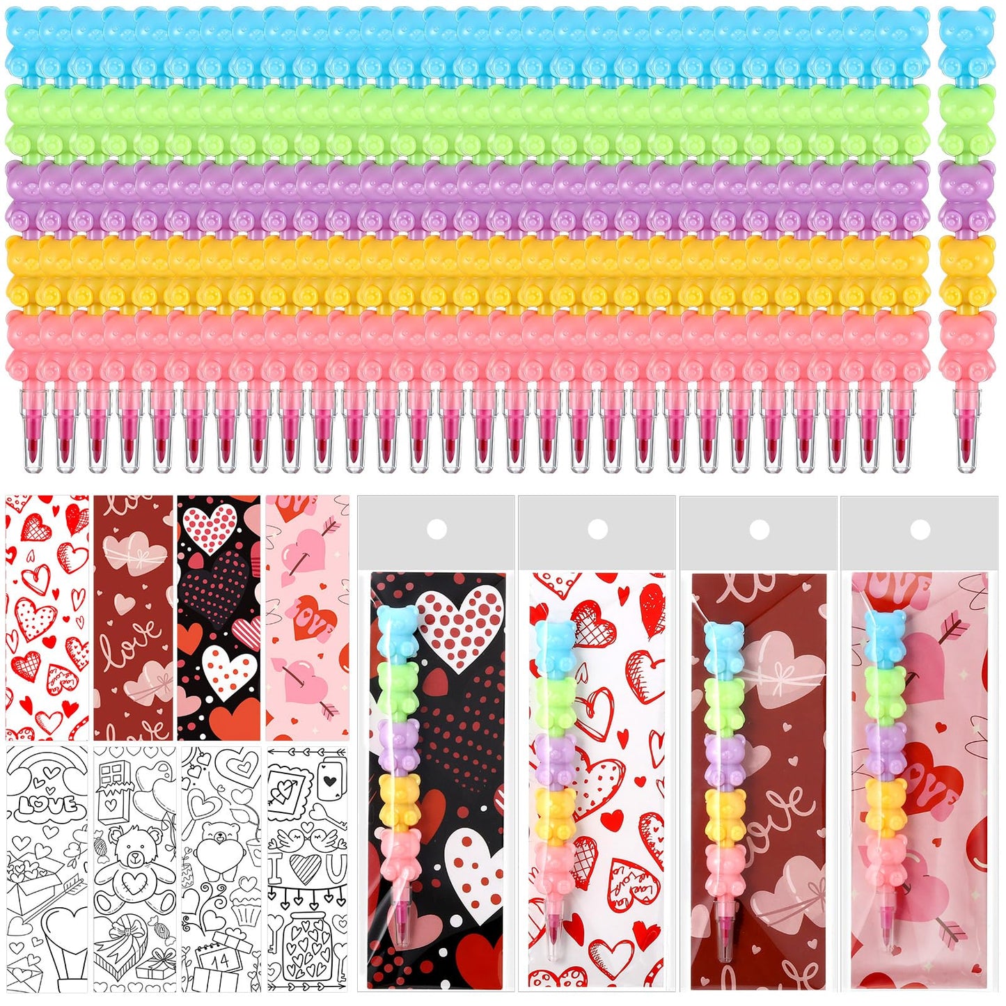 MotiMind 28 Sets Valentines Crayons Party Favors Gifts Bear Stackable Crayons with Coloring Cards Kids Valentines Goodie Bag Stu