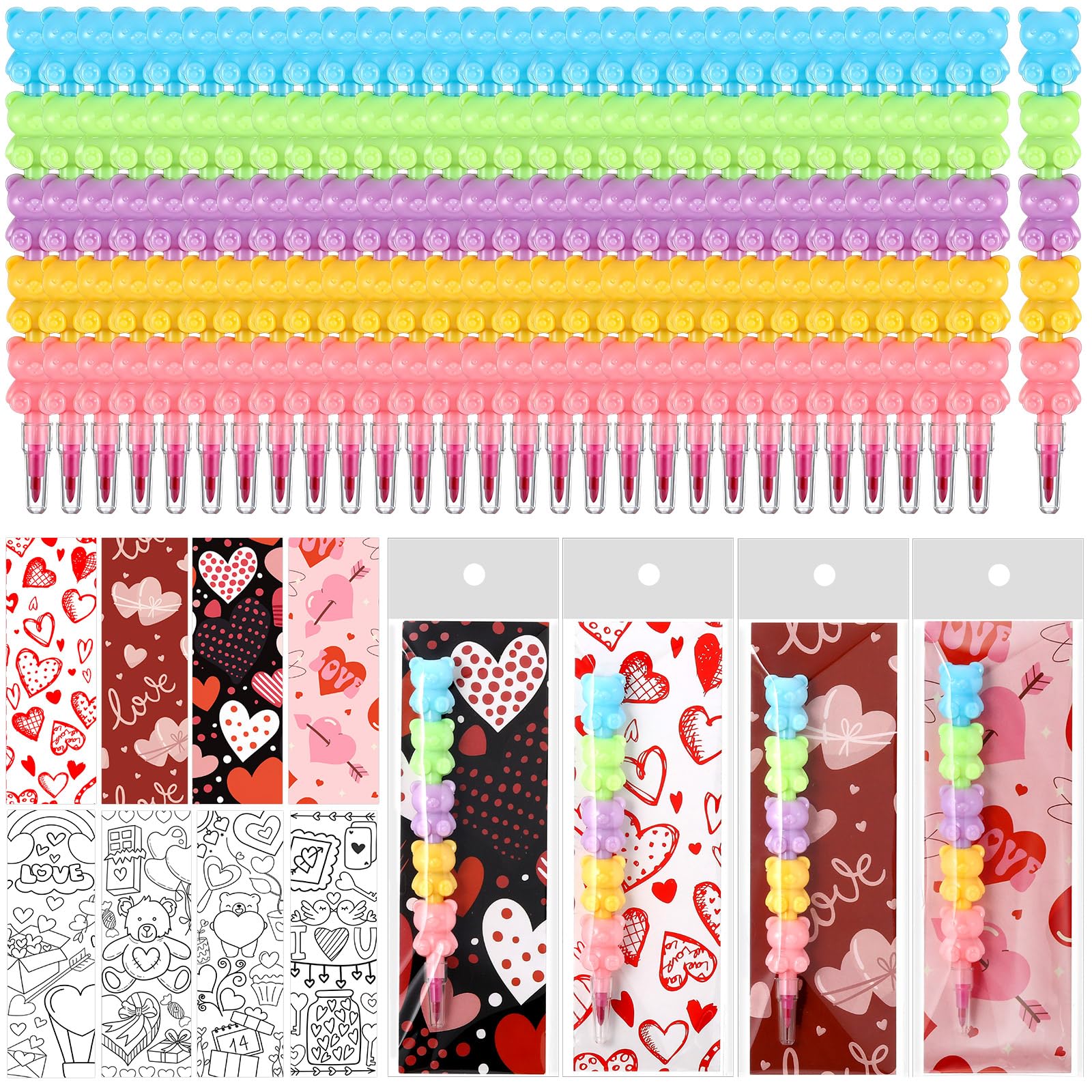 MotiMind 28 Sets Valentines Crayons Party Favors Gifts Bear Stackable Crayons with Coloring Cards Kids Valentines Goodie Bag Stu