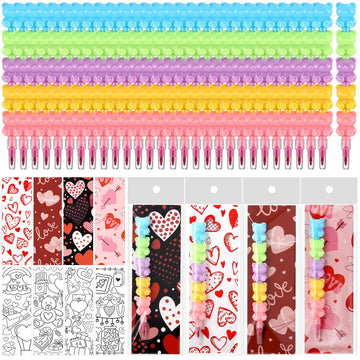 MotiMind 28 Sets Valentines Crayons Party Favors Gifts Bear Stackable Crayons with Coloring Cards Kids Valentines Goodie Bag Stu