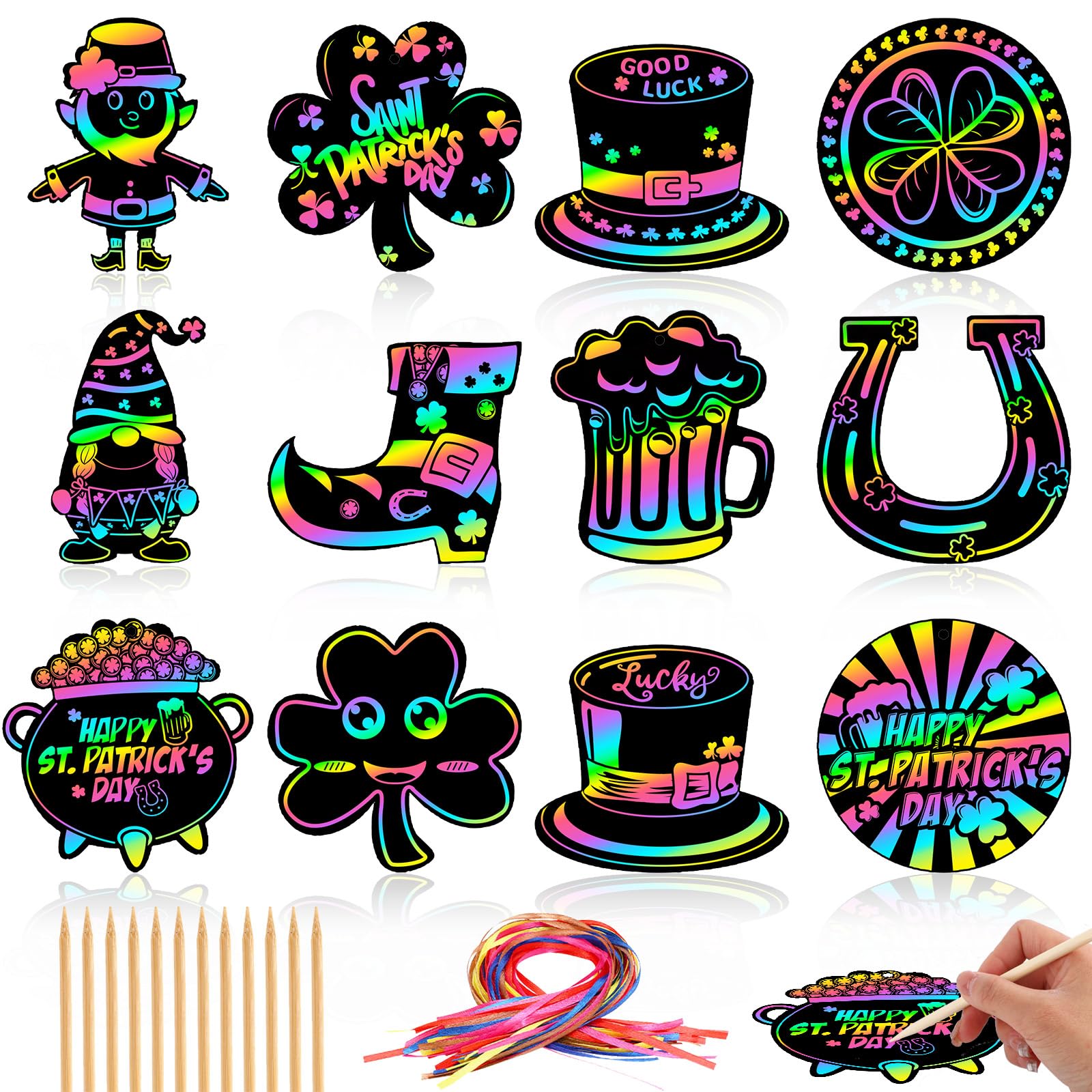 Julmelon 36 Pcs St Patricks Day Scratch Art For Kids, St. Patricks Day Crafts For Kids Rainbow Color Magic Scratch Paper Cards S