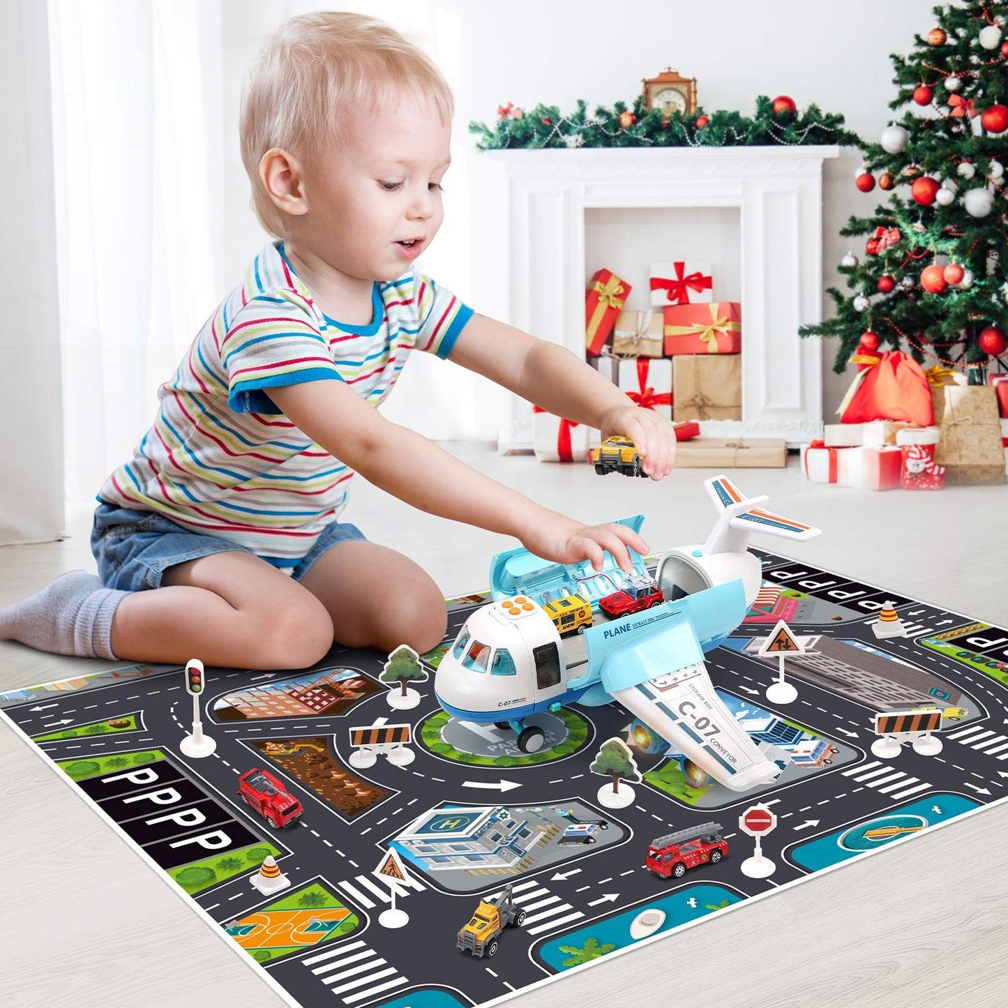 CUTE STONE Toy Airplane with Smoke, Sound & Light - Friction Powered, Multicolor, Model 3377-2, Great Gift for Boys & Girls