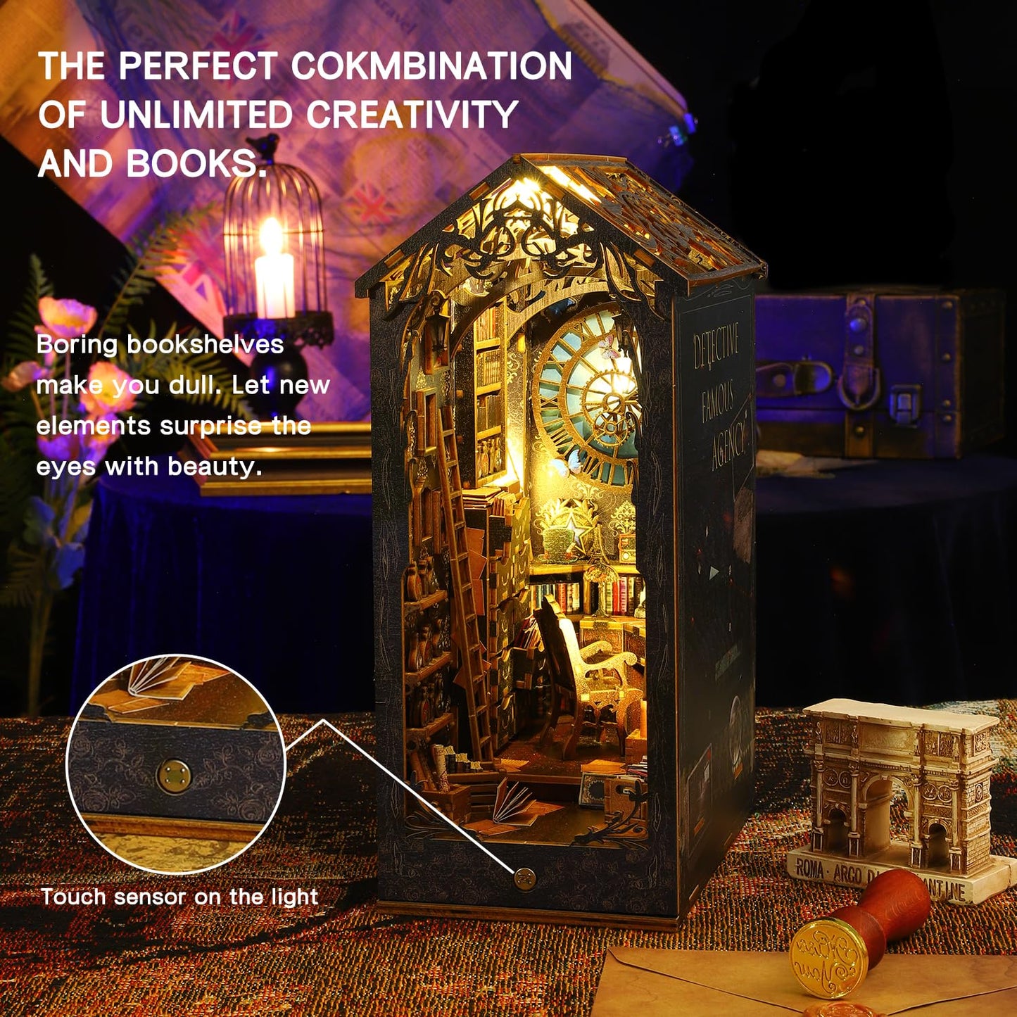 Losbenco Book Nook Kit, Diy Dollhouse Booknook Bookshelf Insert Decor Alley, Diy Book Nook Miniature Kit With Lights, 3D Wooden