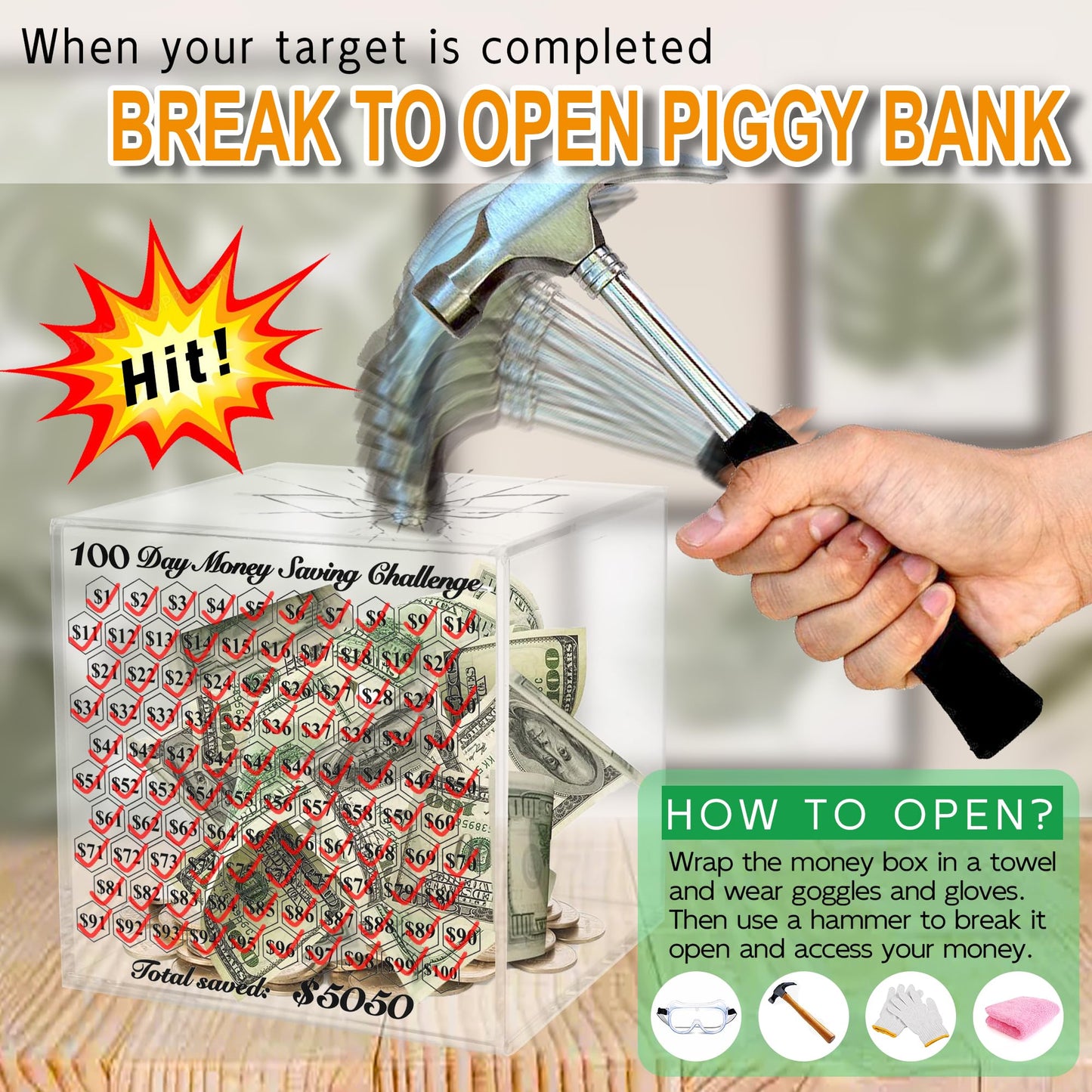 Linglingo Piggy Bank For Adults, Unbreakable Piggy Bank, Clear Acrylic Money Box, 100 Day Money Saving Challenge Box For Cash Coin, Must Break To Open, Easy And Fun Way To Save $5,050