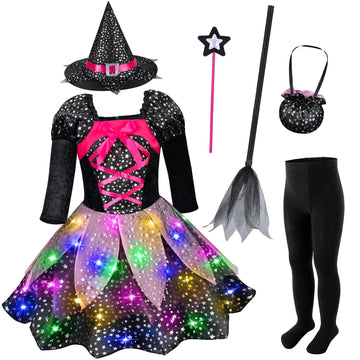 Light-Up Witch Costume for Little Girls Halloween Dress Up - Pink&Black Glowing Witch Costume Party Set with Broom & Hat & Wand & Bag & Pantyhose 4T 5T