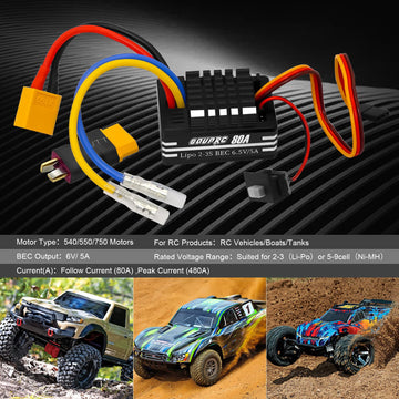 GOUPRC 2S-3S LiPo Metal 80A Brushed ESC Electronic Speed Controller T-plug/XT60 Plugs for 1/10 RC Car RC Boat for use with 540/5