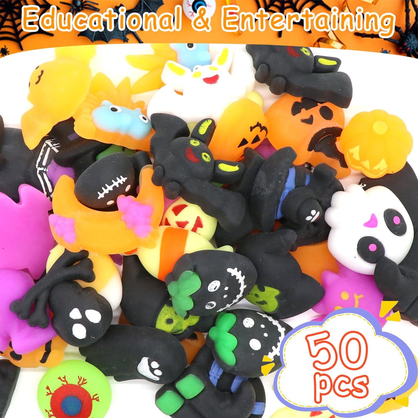 Lahand 50 Pcs Halloween Party Favors Mochi Squishy Toy,Mini Squishies Cute Squeeze Toy Stress Reliever Anxiety Packs For Boys And Girls