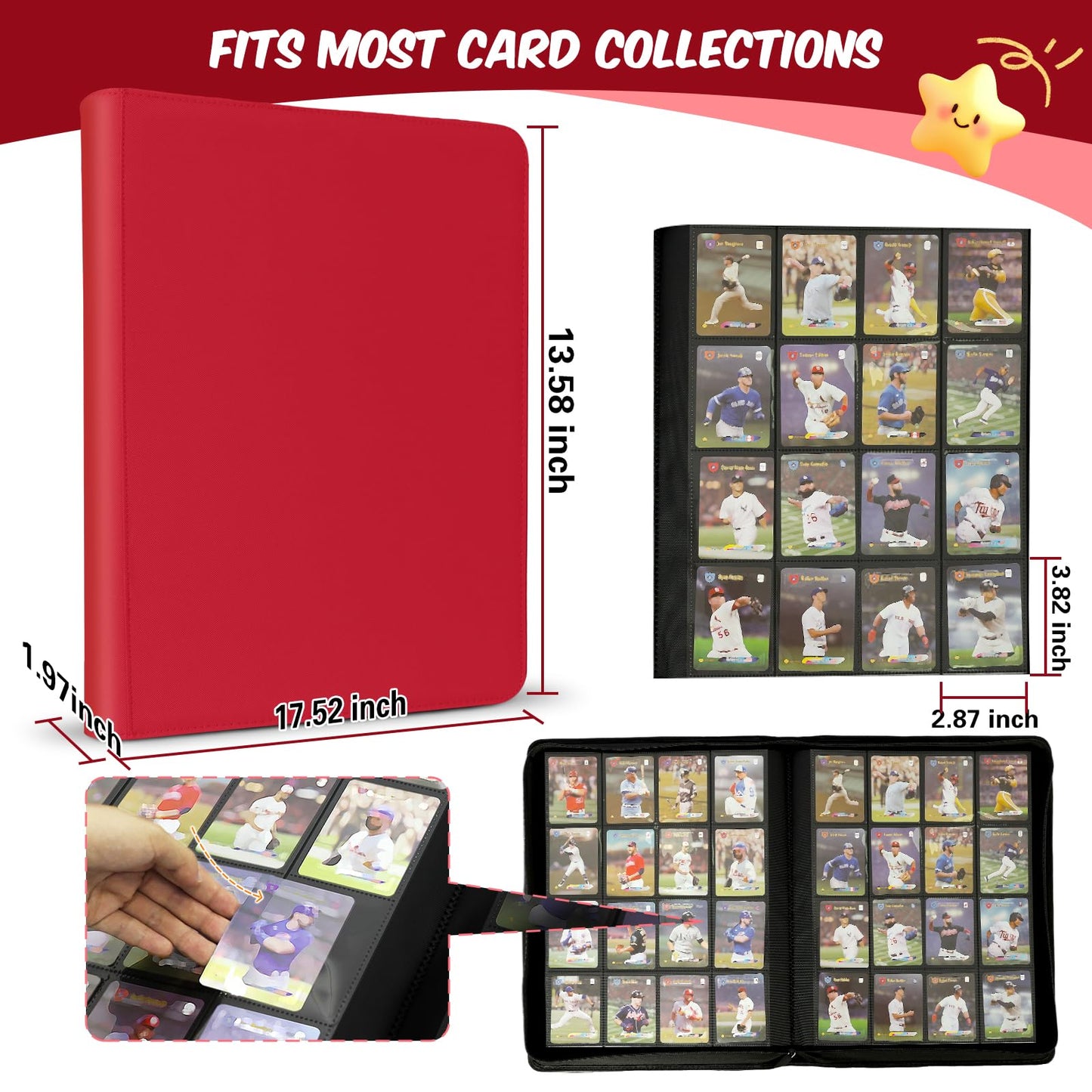 enhanced Card Binder 16 Pocket  1000+ Cards PU Cover Trading Card Binder Side Loading Card Collection Album Holder Folders for MTG  TCG  Game Cards & Sports Cards  Kpop (red)
