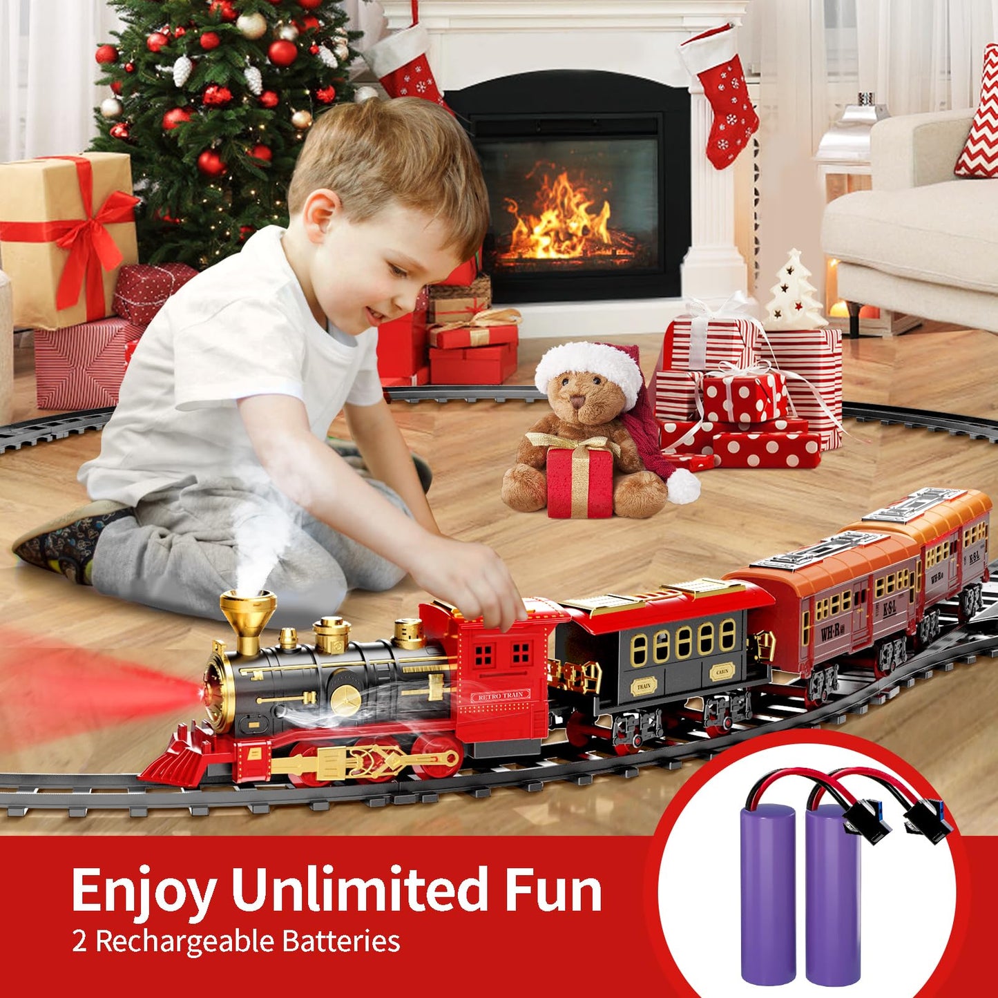 Pupu Pig Train Set, Christmas Train Toys For Kids Gifts, Electric Train With 3 Way Smoke Locomotive, Lights & Sound, Large Class