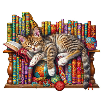 Wooden Puzzles for mature-themeds  Snoozing Cat Wooden Jigsaw Puzzles for mature-themeds  Library Kitten Wood Puzzles mature-themed  Unique Animal Shape  Gift for Cat Lovers & Friends  Home Decor (L -13.4 * 10.8in -280 pcs)