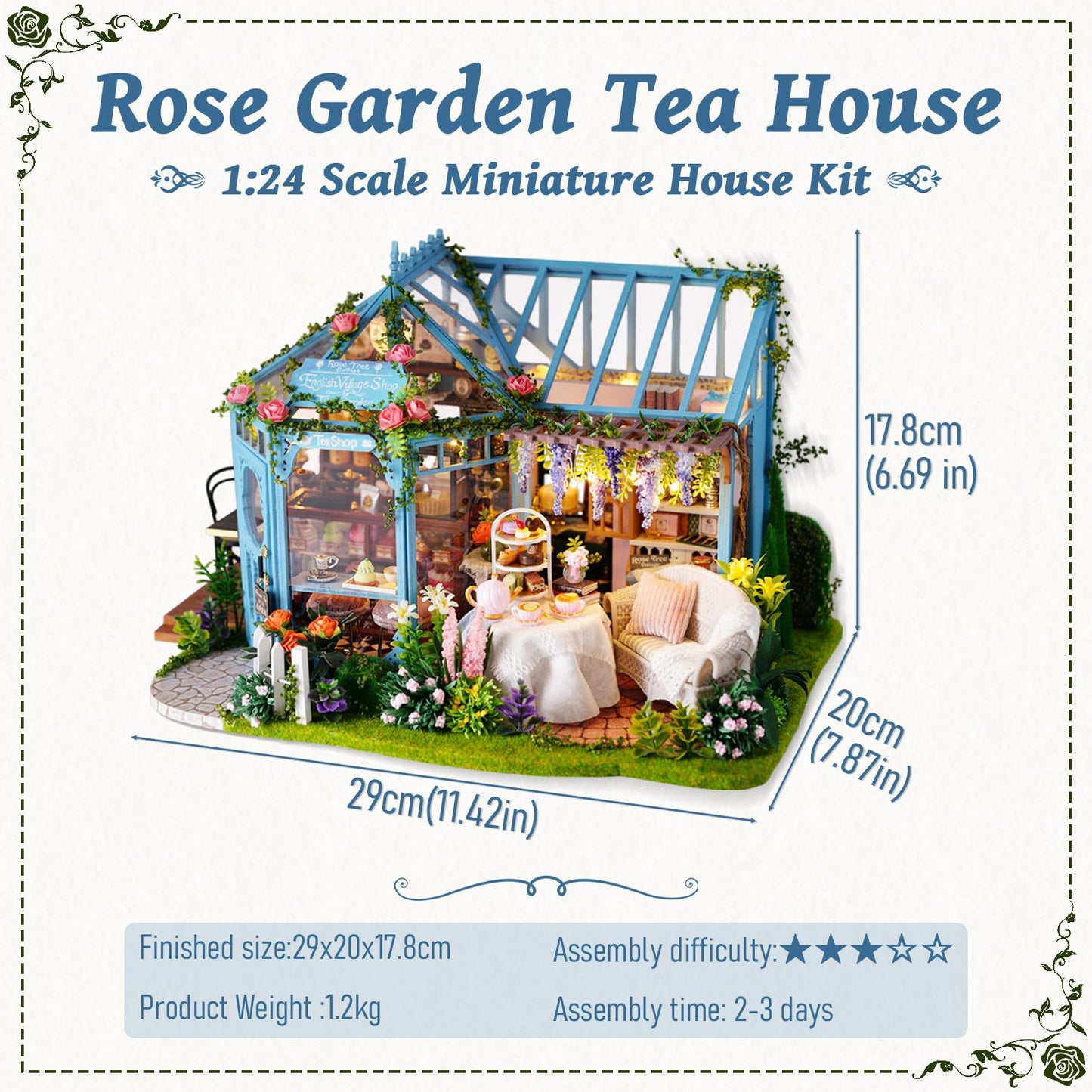 Fsolis DIY Miniature Dollhouse Kit for mature-themeds - Tiny Scene House Mini Garden House Kit 3D Puzzles for mature-themeds Gifts for Women Teenagers Craft Lovers (Rose Garden Tea House)