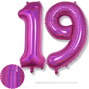 19Th Birthday Laser Hot Pink Balloons, Large Foil Number 19 Balloons For Women Anniversary Decor, 40'' Self Inflating Bright Pin