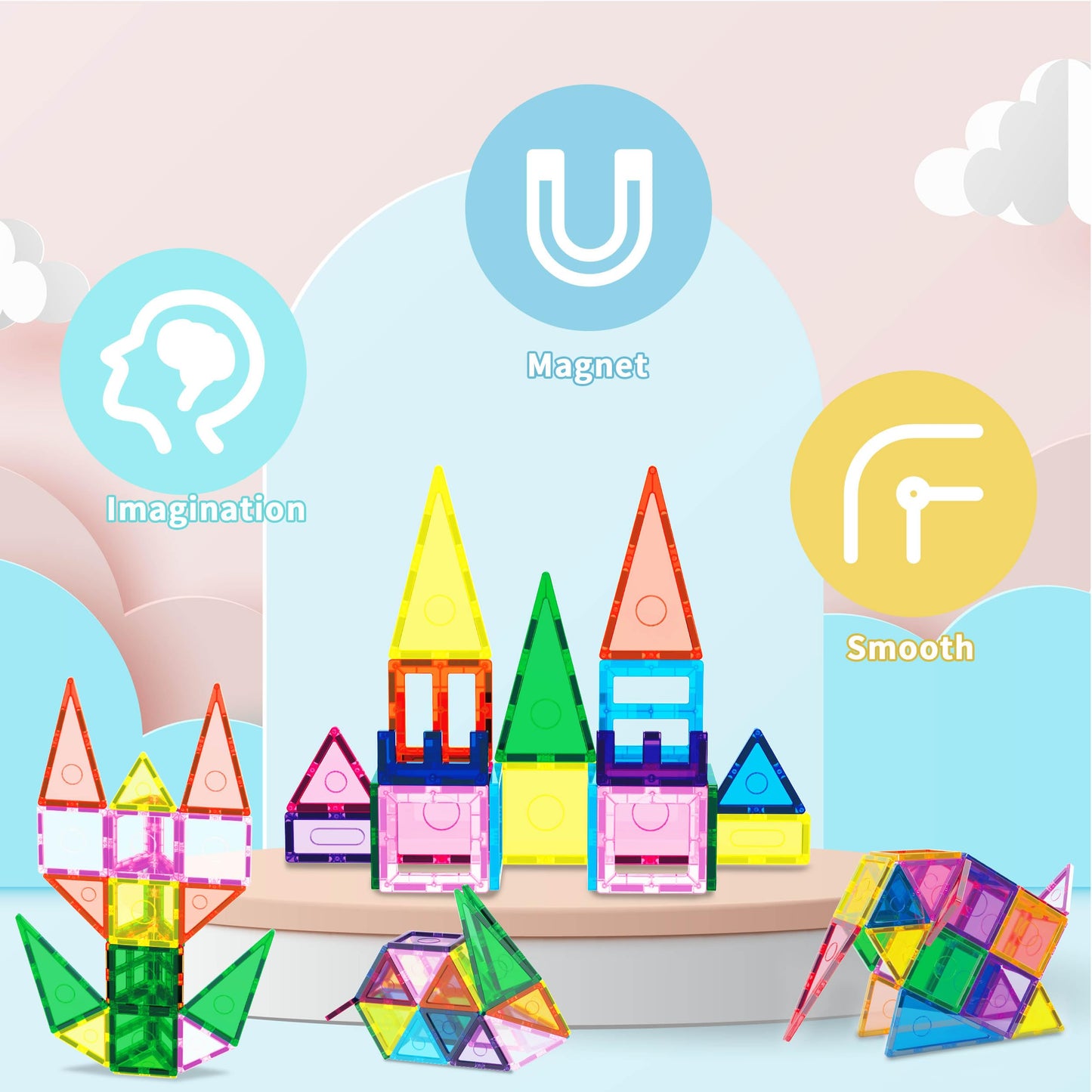 Everplay 101pc Magnet Tile Building Blocks with Car Base Drawstring Carry Bag Magnetic Construction Playset Early Childhood Play