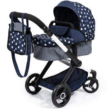 Bayer Design Dolls: Pram Xeo - Blue & White Stars - Dolls Up To 18'', Shoulder Bag, Convertible To Pushchair, Adjustable Handle,