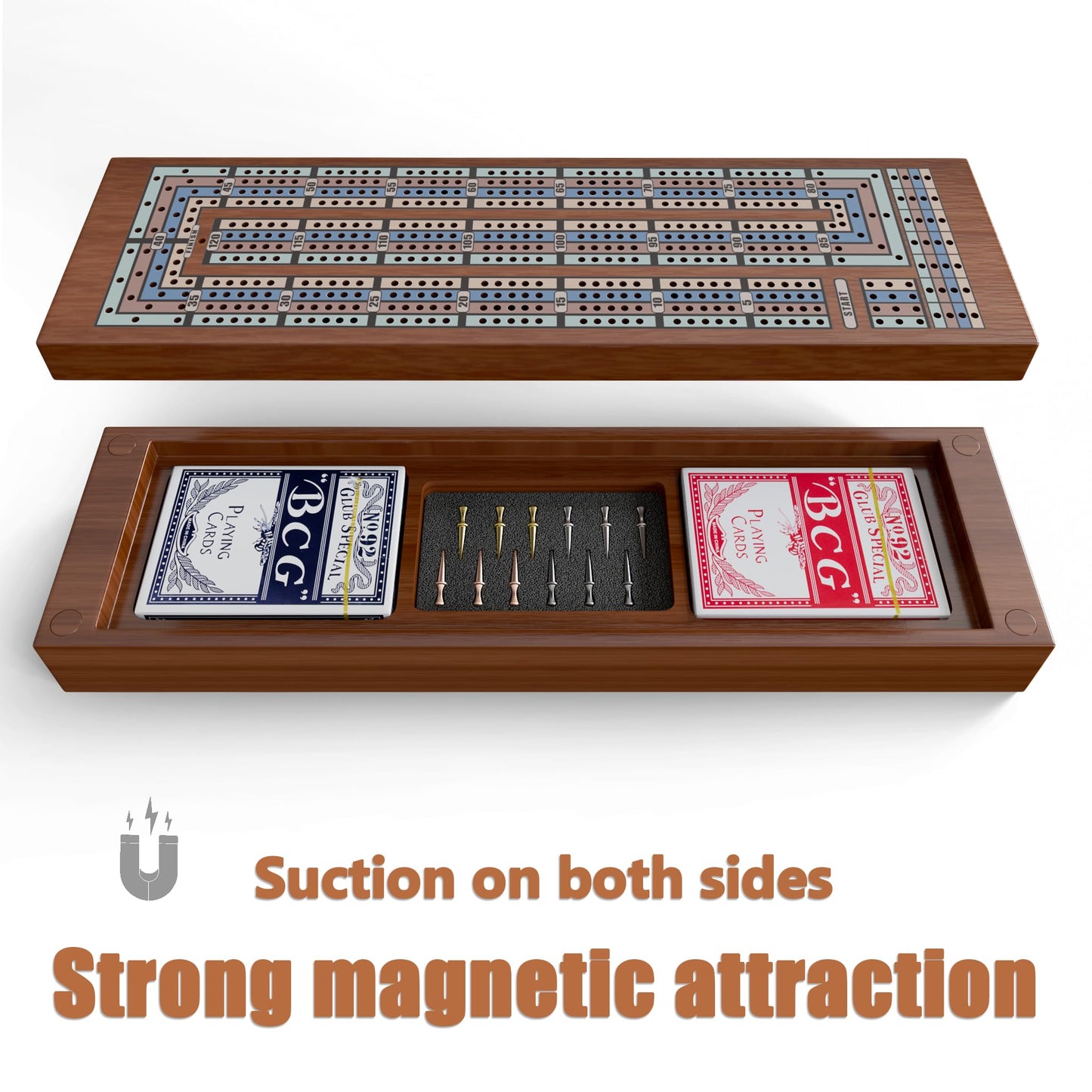 Hdsahdok Wooden Cribbage Board Game Set  Double-Sided 3 and 4 Track Cribbage Board  with Magnetic Lock / 12Pcs Metal Pegs / 2 Playing Cards/Larger Storage Area  Family Game Sets for mature-themed