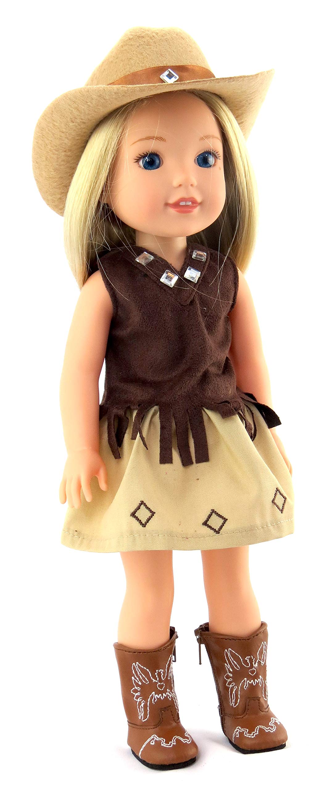 American Fashion World Brown Cowgirl Outfit for 14-Inch Dolls | Hat and Boots Included| enhanced Quality & Trendy Design | Dolls Clothes | Outfit Fashions for Dolls for Popular Brands