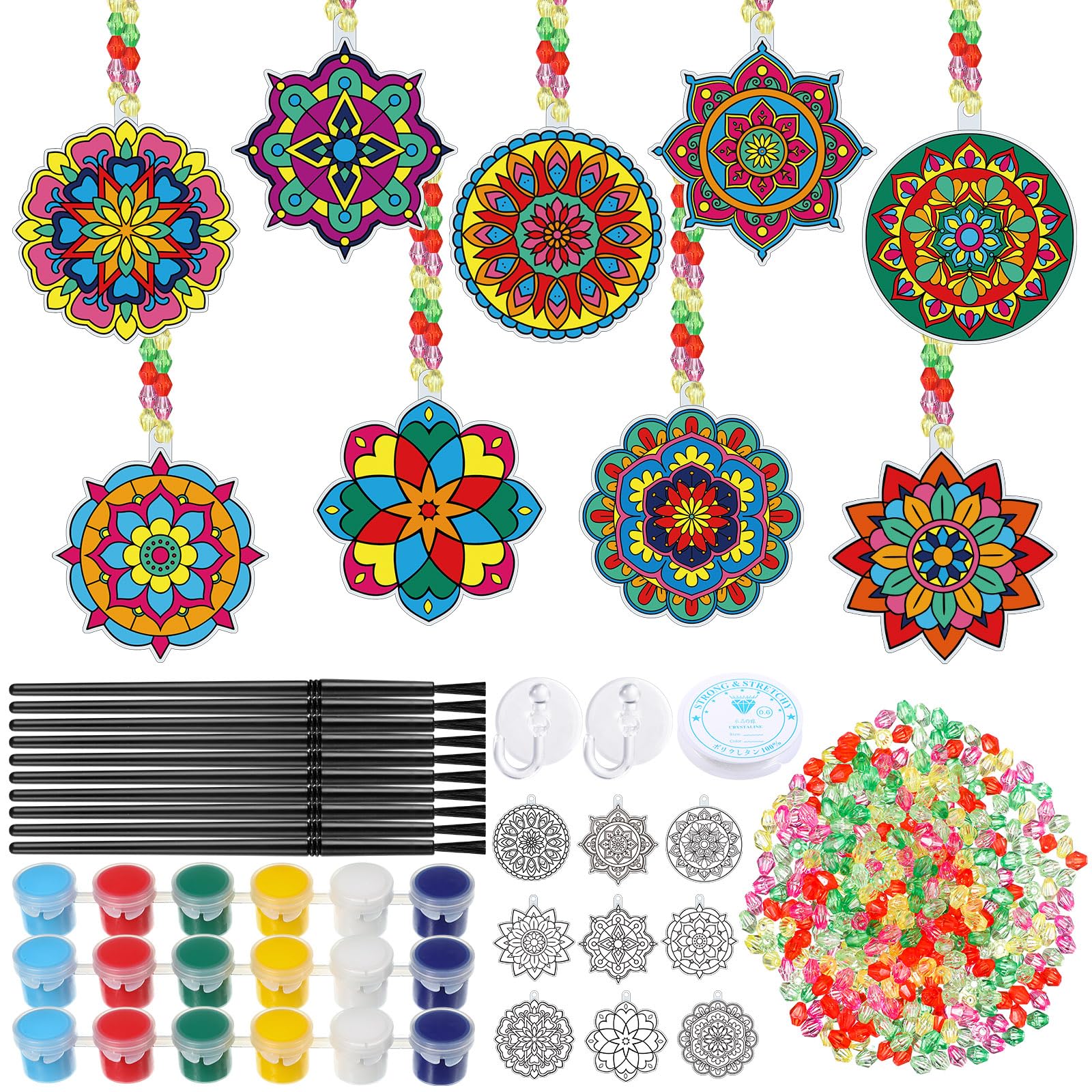 Pasimy 36 Sets Mandala Suncatchers Paint Craft Kits Mandala Flower Window DIY Hanging Ornaments Decorations Paint Your Own Sprin