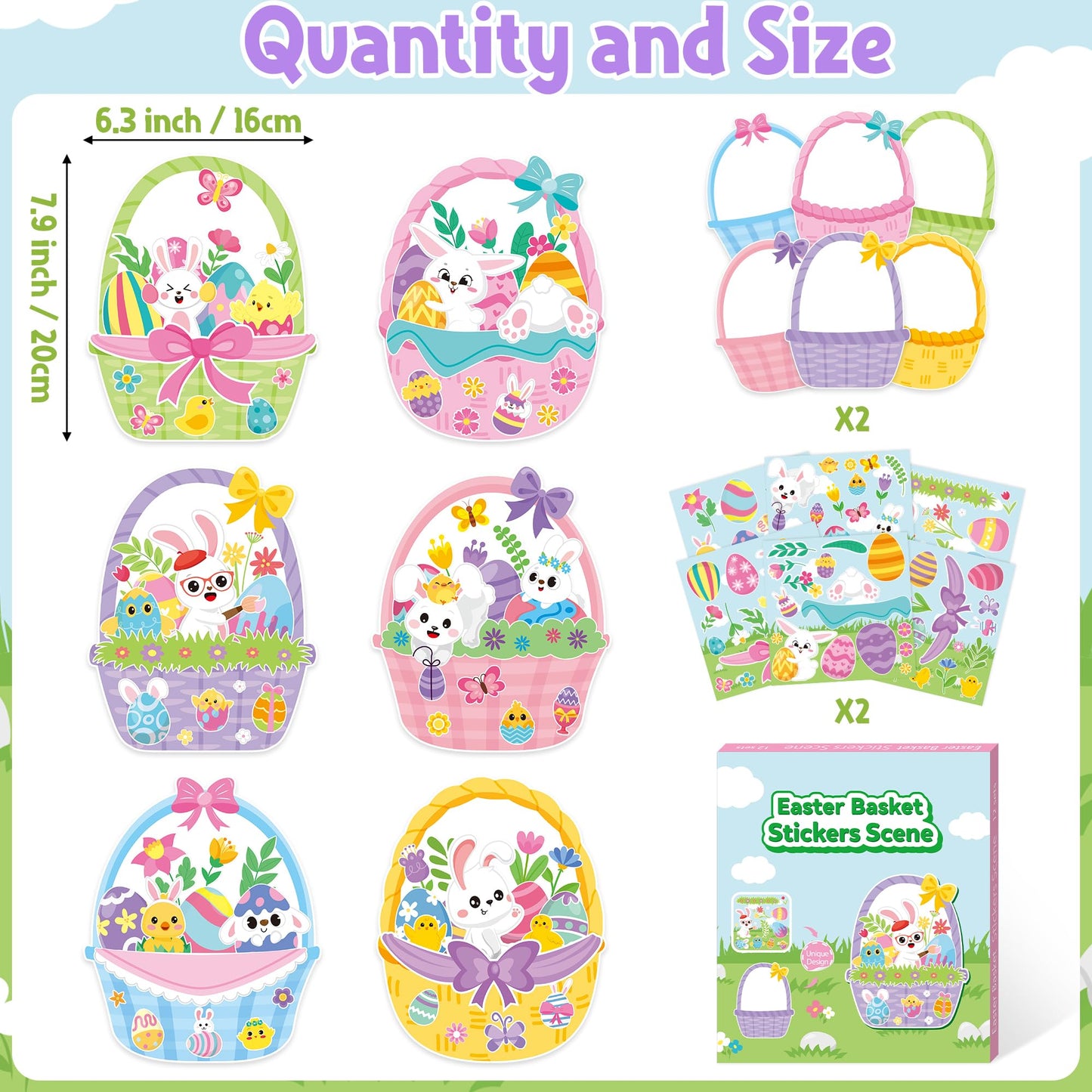 CY2SIDE Easter Basket Scene Stickers - 12 Sets of Easter Theme Basket Stuffers Art Craft Kit for Kids School Activity Make Your