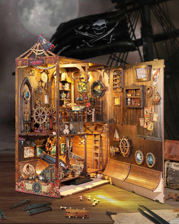 Diy Book Nook Kit - Pirate 3D Wooden Miniature Puzzles With Led Light Dollhouse Model Craft Kits For Adults Bookshelf Insert Dec