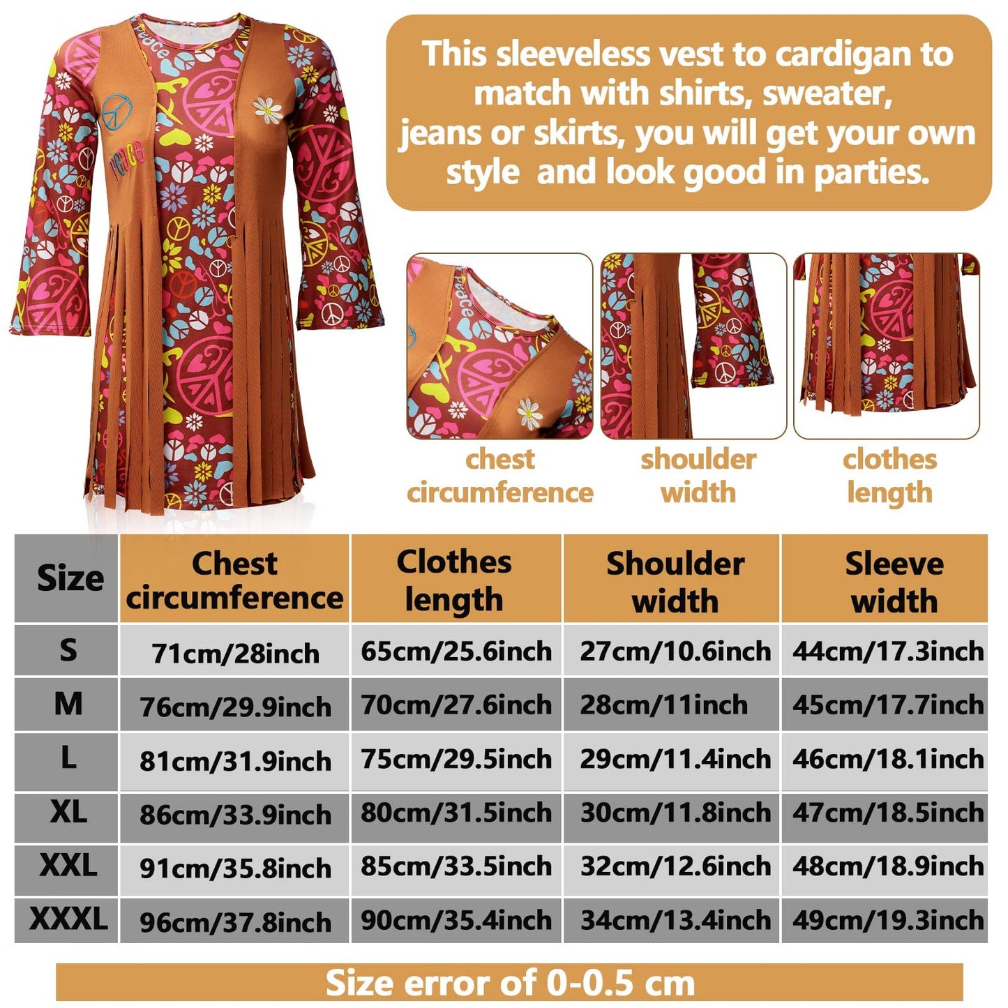 Kathfly 18 Pcs Hippie Costume for Girls Kids 70s 60s Outfits Set Hippie Dress Fringe Vest Party Accessories for Carnival Halloween(3XL)