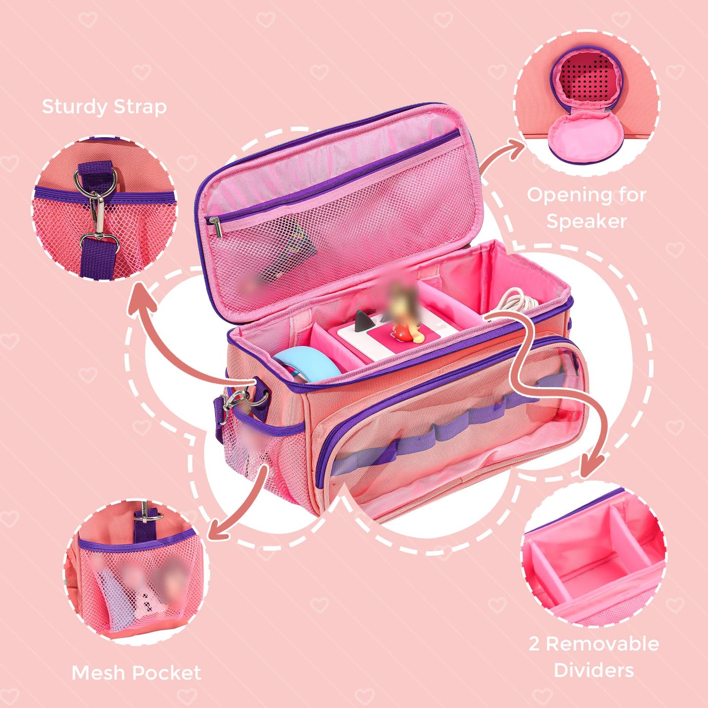 Hautton Carrying Case For Toniebox Starter Set, Portable Travel Carrying Bag For Tonies Audio Player, Tonies Figures, Headphone And Charging Station With Shoulder Strap And Handle -Pink