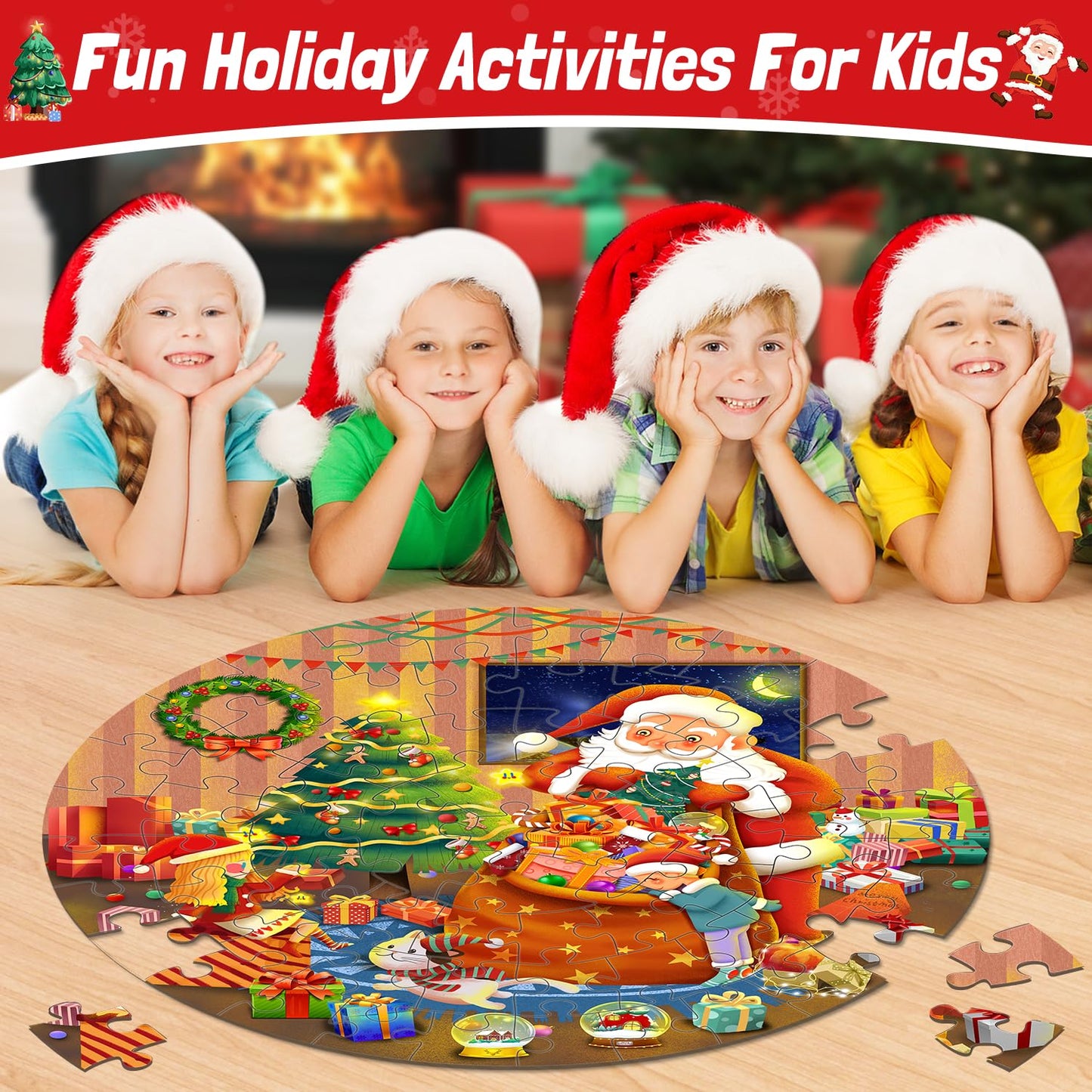 Christmas Floor Puzzles For Kids Age 4-8, 70Pcs Large Christmas Jigsaw Puzzles For Kids Age 8-10, Learn Educational Toys Xmas Gifts For Kids Boy Girls