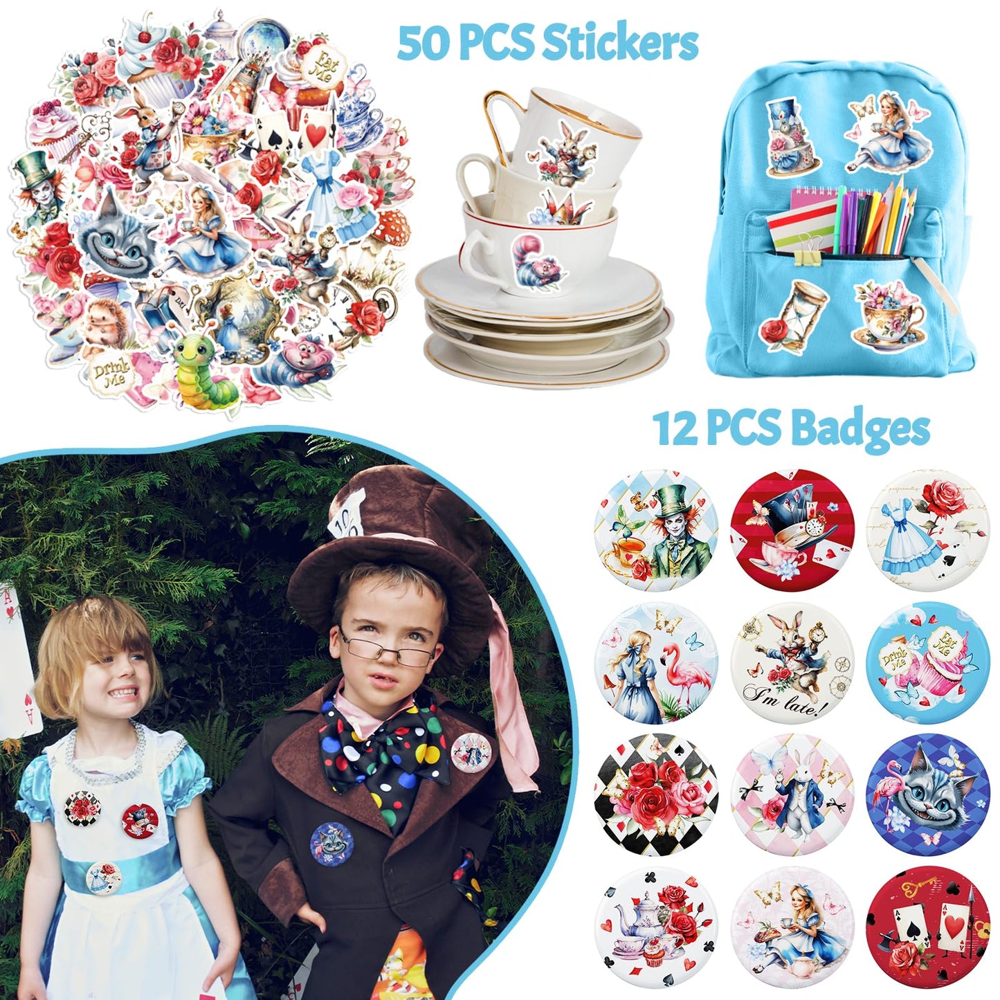 BOIKOKY Alice in Wonderland Party Favors - 98PCS Gift Set with Bracelets, Keychains, Tattoos, Stickers & Pins - Vintage Wonderland Theme