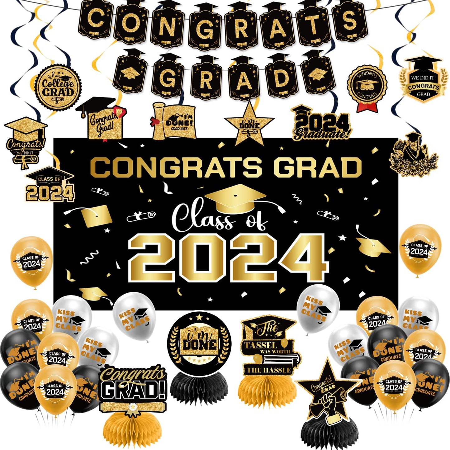 Graduation Decorations Class Of 2024,Gold Themed Graduation Decorations Set,Class Of 2024 Backdrop Banner,Graduation Hanging Swi