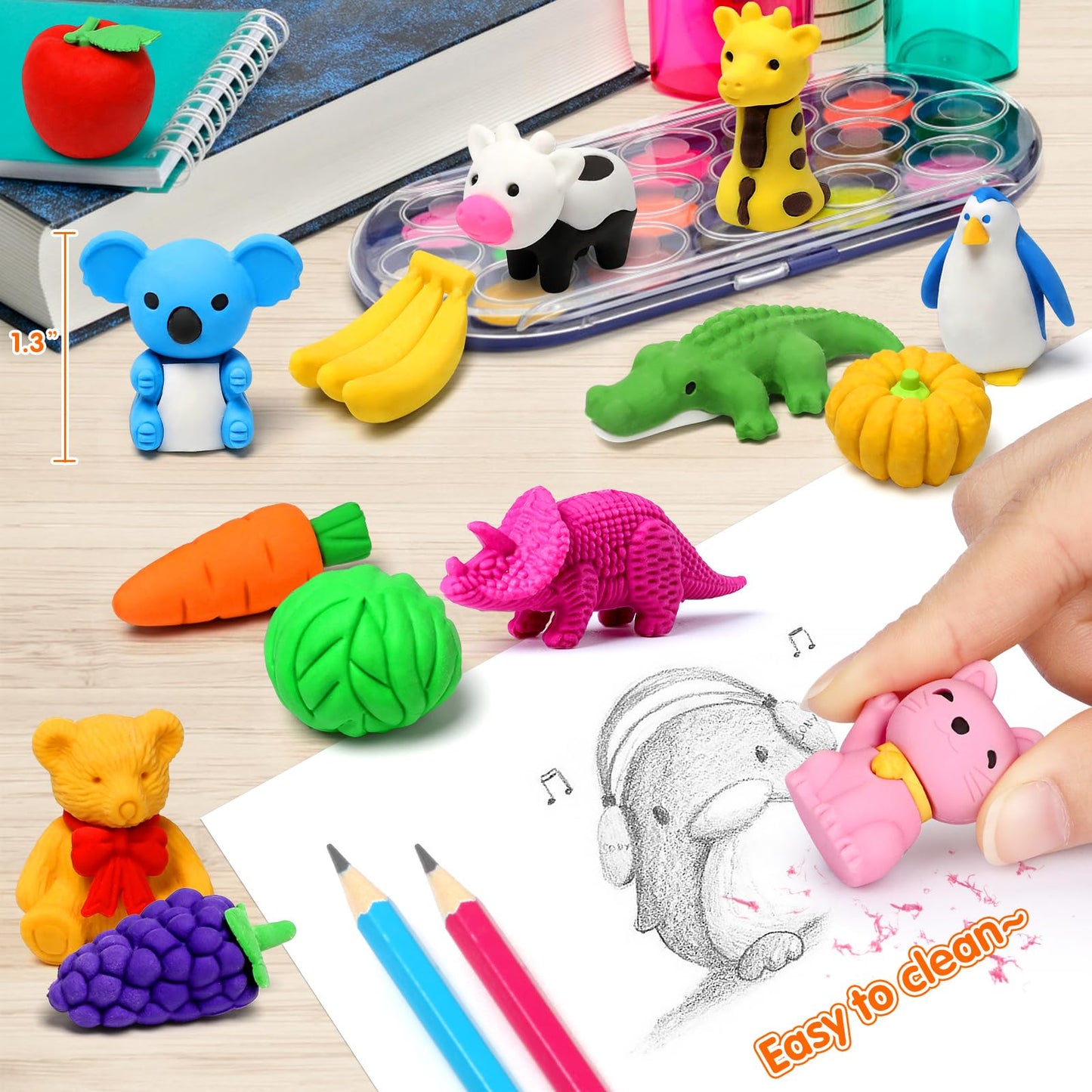 Arscniek 40 Pack 3D Puzzle Animal & Food Erasers for Kids, Take Apart Mini Pencil Erasers, Bulk Party Favors, Classroom Prizes,