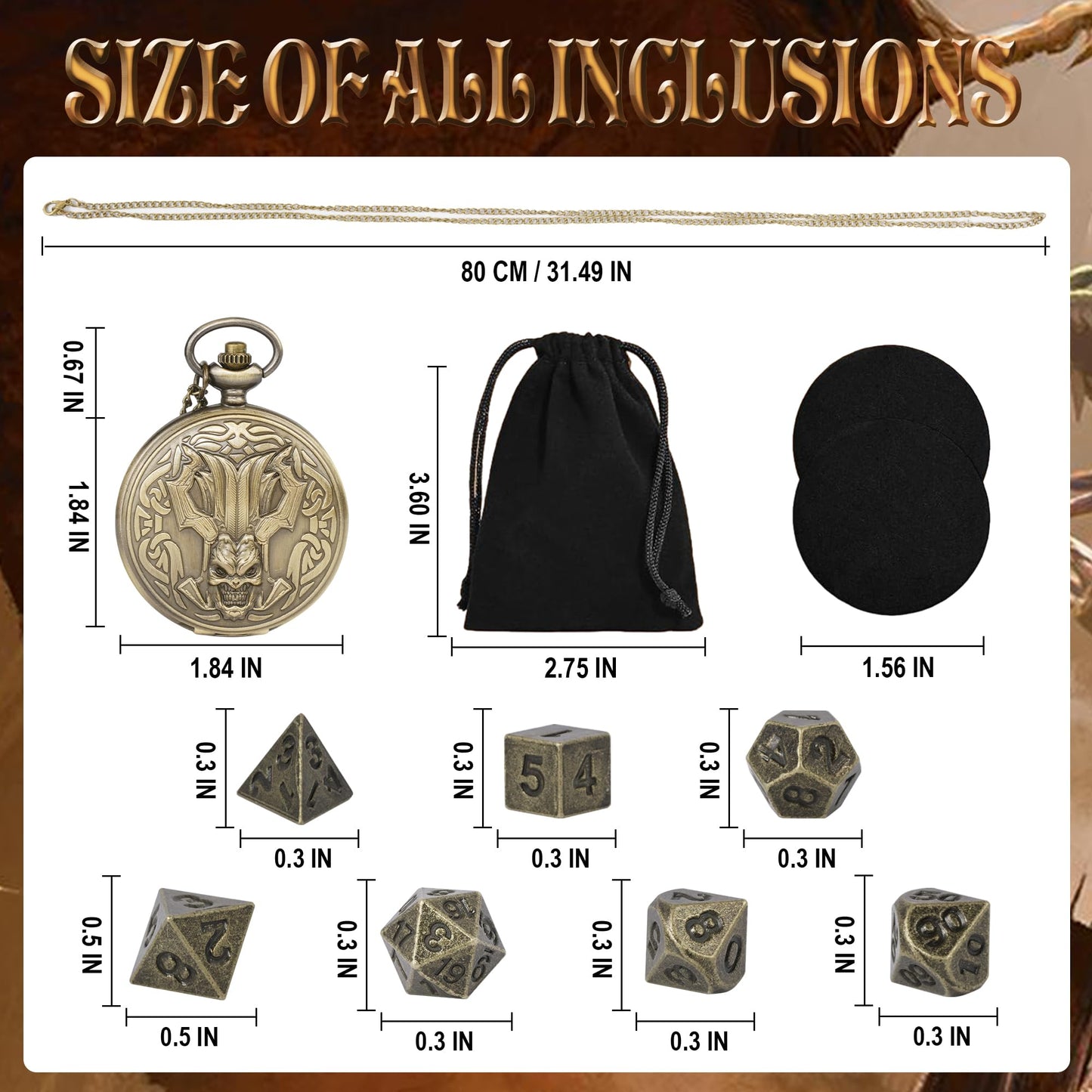 Kabinka DND Dice Set, 7pcs Mini Metal Dice with Pocket Watch Shell, Portable D&D Dice with Necklace, Dungeons and Dragons Dice f