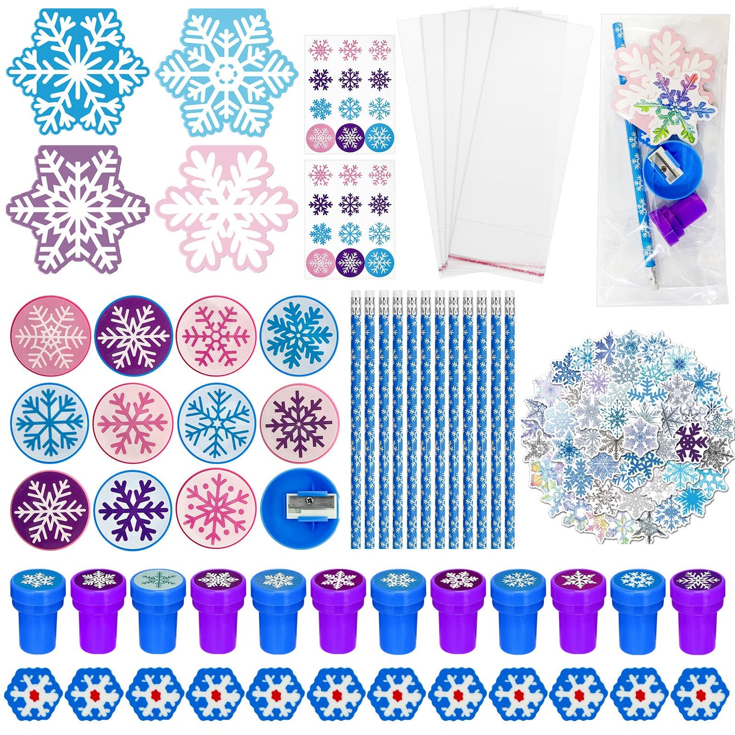 Cinrobiye 194 Pcs Snowflake Winter Frozen Party Favors Christmas Classrooms Exchange School Stationery Set Class Reward Prizes N